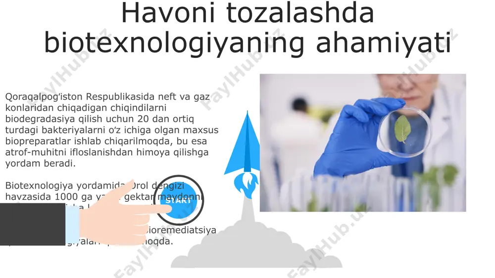 2024 yilda bioplastik o'simlik chiqindilaridan 100% biodegredatsiyalanuvchi qadoqlash materiallari ishlab chiqarishni yo'lga qo'yish rejalashtirilgan bo'lib, bu esa qishloq xo'jaligi chiqindilarini qayta ishlash darajasini oshirishga yordam beradi. bioplastik ishlab chiqarishda 2023 yilda jahon bo'yicha 500 ming tonnadan ortiq qayta ishlangan materiallar ishlatilgan bo'lib, bu esa atrof-muhitga ta'sirni 15% ga kamaytirdi va ayniqsa, yevropa mamlakatlarida sezilarli natijalarga olib keldi. genetik modifikatsiyalangan organizmlar va ekologik muhofaza genetik jihatdan modifikatsiyalangan ekinlar, masalan, bt paxta, oʻzbekistonning 200 ming gektar maydonida oʻstiriladi va pestitsidlarga boʻlgan ehtiyojni 30% ga kamaytirib, atrof-muhit ifloslanishini pasaytiradi. aqshda genetik modifikatsiyalangan mikroorganizmlar (gm mikroorganizmlar) neft ifloslanishini bartaraf etishda qoʻllaniladi, taxminan 100000 litr neftni parchalashga qodir, bu esa suv havzalari ifloslanishining oldini oladi. 06 05 04 biotexnologiyaning ekologik muhofazada roli 01 02 biogaz ishlab chiqarish texnologiyalari, masalan, hindistondagi qishloq xo'jaligi chiqindilaridan metan gazini qayta ishlash, issiqxona gazlari chiqindilarini 30% ga kamaytirishga hissa qo'shadi va shu bilan birga energiya manbasini ta'minlaydi. genetik jihatdan o'zgartirilgan …