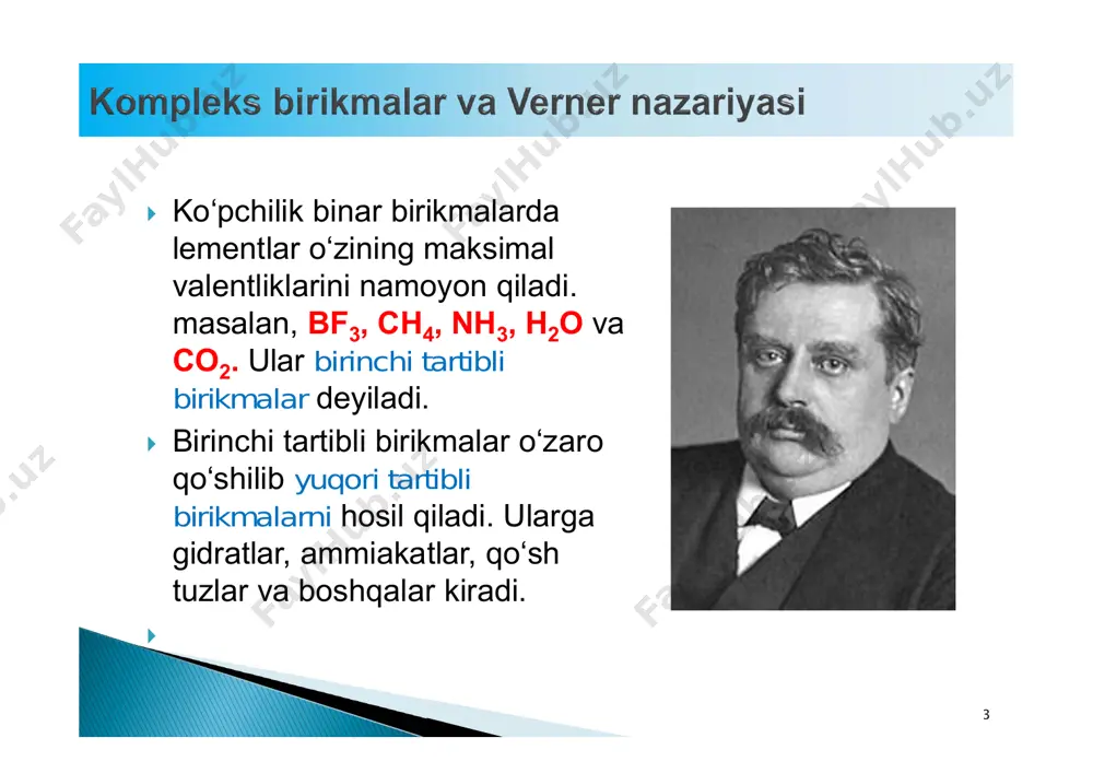 tri-, tera-, penta- va geksa- deb ko‘rsatiladi:  k2[snf6] – kaliy geksaftorostannat(qalay)(iv)  agar ligand tarkibida allaqachon grekcha prefiks (di-, tri- va h,k.), yoki u polidentat bo’lsa, ular soni ko’rsatishda quyidagi prefikslar qo’llaniladi:  2-bis-; 3-tris-; 4-tetrakis-;  [cu(en)2]so4 – bis(etilendiamin)mis(ii) sulfat  na2[ptcl2(c2o4)2] – natriy dixlorobis(oksalato)platinat(ii)  15  anion komplekslarda “at” qo‘shimchasi qo‘shiladi. neytral va kation komplekslarni nomlashda o‘zgartirish kiritilmaydi:  k4[fe(cn)6] – kaliy geksasianoferrat(temir)(ii)  [al(h2o)6]cl3 – geksaakvoaluminiy xlorid  agar markaziy atomning davriy jadvaldagi belgisi lotincha nomidan olingan bo’lsa, o’sha nom bilan aytish tavsiya etiladi:  masalan: fe – ferrat, pb – plyumbat  kompleks hosil qiluvchi (markaziy atom)ning oksidlanish darajasi qavs ichida rim raqamida ko‘rsatiladi:  [cu(nh3)2]cl- diamminmis(i) xlorid. 16 17 18  kb lar klassifikatsiyasi:  kb lar qaysi birikmalar sinfiga kirishiga ko‘ra:  a) kompleks kislotalar: h2[sif6], h[aucl4];  b) kompleks asoslar: [ag(nh3)2]oh;  c) kompleks tuzlar: k4[fe(cn)6], [cr(h2o)6]cl3 ga bo‘linadi.  ligandlar …