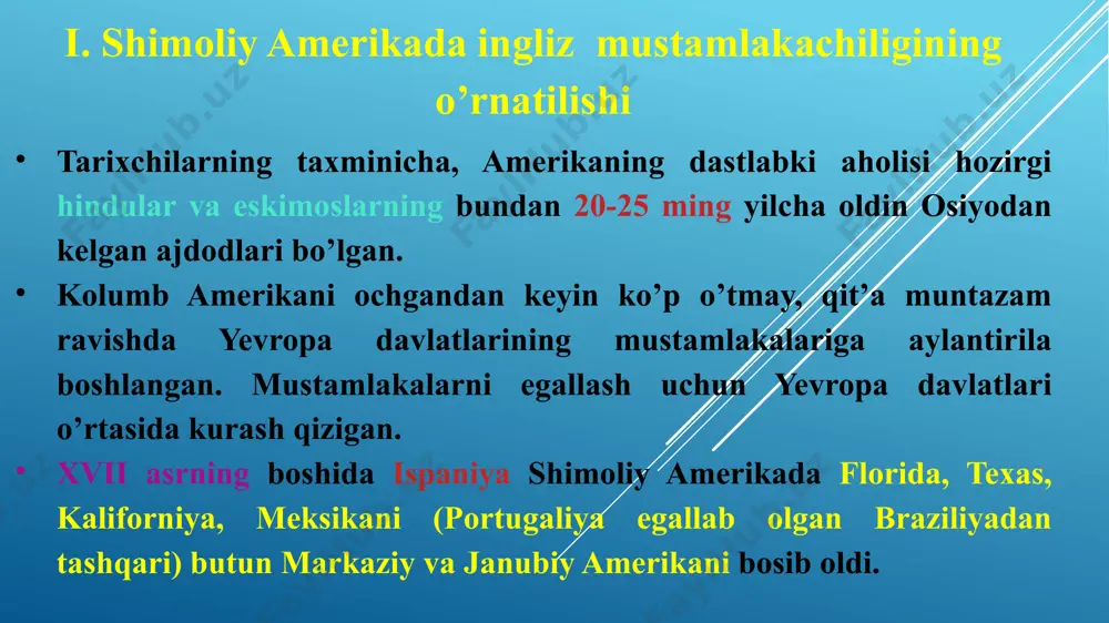 ida ko’pchilik mustamlakalar angliya qirolining boshqaruvi ostida bo’lgan. konnektikut va rod aylend mustamlakalari qirol tomonidan tasdiqlanuvchi saylangan gubernatorlar tomonidan boshqarilgan. pensilvaniya, delaver va merilend alohida kishilarga tegishli bo’lgan. barcha mustamlakalarda maslahat organiga ega bo’lgan saylangan vakillarning palatalari faoliyat ko’rsatgan. mustamlakalarda din katta rol o’ynagan. amerikada ko’plab diniy sektalar mavjud bo’lib, ularning orasida puritanlik cherkovi ustunlik qilgan. inqilob arafasida mustamlakalarda 8 ta kollej (oliy maktablar) mavjud bo’lib, ular asosan ruhoniylar va amaldorlarni tayyorlagan. xviii asrning oxirlarida amerikada dunyoviy bilimga ega bo’lgan aholi ko’pchilikni tashkil qilgan. shunday kishilardan biri veniamin franklin (1706-1790) bo’lgan. v.franklin amerika jamiyati hayotida katta tashabbuskorlik faoliyatini ko’rsatib, tipografiya, jamoat kutubxonasi, kasalxona va akademiya ochgan. mustamlakalarning angliyadan ajralib chiqish uchun boshlangan kurashining muhim sabablaridan biri mustamlakalar va metropoliya o’rtasidagi savdo va sanoat sohasidagi raqobat edi mustamlakalarda boshidanoq sanoat tez rivojlangan. mustamlakalarda dehqonlar bir vaqtning o’zida hunarmandchilik ham qilishgan. amerikada xviii asr o’rtalaridan boshlab shishasozlik, charmgarlik, kemasozlik, temirchilik kabi yirik …