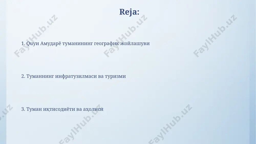 hisoblanadi. quyi amudaryo tumanida paxta yetishtirish 30 ming gektardan ortiq maydonni egallaydi va yillik hosildorlik o'rtacha 35 sentner/gektarni tashkil etadi. quyi amudaryo tumanining demografiyasi 2014 yilgi ma'lumotlarga ko'ra, quyi amudaryo tumanida 15 yoshgacha bo'lgan bolalar ulushi 40% dan ortiqni tashkil etgan, bu yuqori tug'ilish ko'rsatkichini ko'rsatadi. tuman aholisining katta qismi (taxminan 70%) qishloq joylarda yashaydi, shahar aholisining ulushi esa nisbatan kam – 30% atrofida. quyi amudaryo tumanining infratuzilmasi quyi amudaryo tumanidagi ichimlik suvi ta'minoti tizimi 90% aholini qamrab oladi, ammo suv sifatiga doir muammolar mavjud. quyi amudaryo tumanidagi avtomobil yo'llarining uzunligi 300 kilometrga yaqin bo'lib, ularning 70%i asfaltlangan. quyi amudaryo tumanining muammolari va istiqbollari quyi amudaryo tumanining iqtisodiy taraqqiyoti uchun turizm sektorini rivojlantirish istiqboli yuqori, lekin buning uchun 5 yil ichida kamida 2 ta yirik sayyohlik obyektlarini qurish va 1000 ta yangi mehmonxona xonasini yaratish kerak. tumanda aholining 60% dan ortig'i qashshoqlik chegarasida yashaydi, bu esa ijtimoiy infratuzilmani rivojlantirish va …