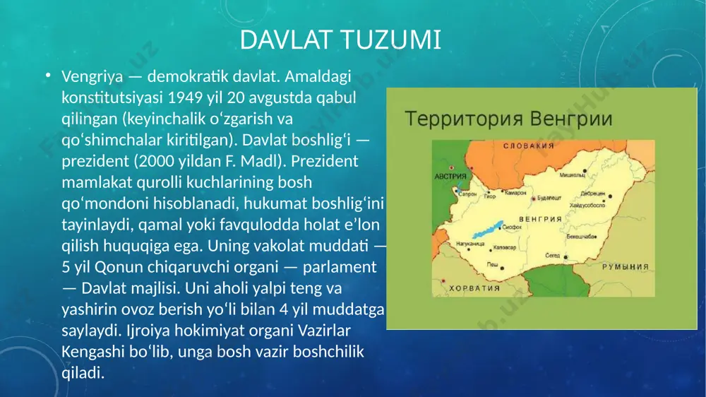 (5,87 milliard dollar), slovakiya (5,42 milliard dollar) va frantsiya (4,96 milliard dollar). vengriyaning asosiy importi avtotransport vositalaridir; ehtiyot qismlar va aksessuarlar (8701 dan 8705 gacha) (5,72 milliard dollar), avtomobillar (4,05 milliard dollar), qadoqlangan dori-darmonlar (3,19 milliard dollar), integral sxemalar (3 milliard dollar) va radioeshittirish uskunalari (2,67 milliard dollar), asosan germaniyadan import qilinadi (26,9 milliard dollar), xitoy (8,48 milliard dollar), polsha (6,63 milliard dollar), chexiya (6,13 milliard dollar) va avstriya (6,06 milliard dollar). image2.png image3.png image4.png image5.png image6.png image7.png image8.png image9.png image10.png image11.png image12.png image13.png image14.png /docprops/thumbnail.jpeg