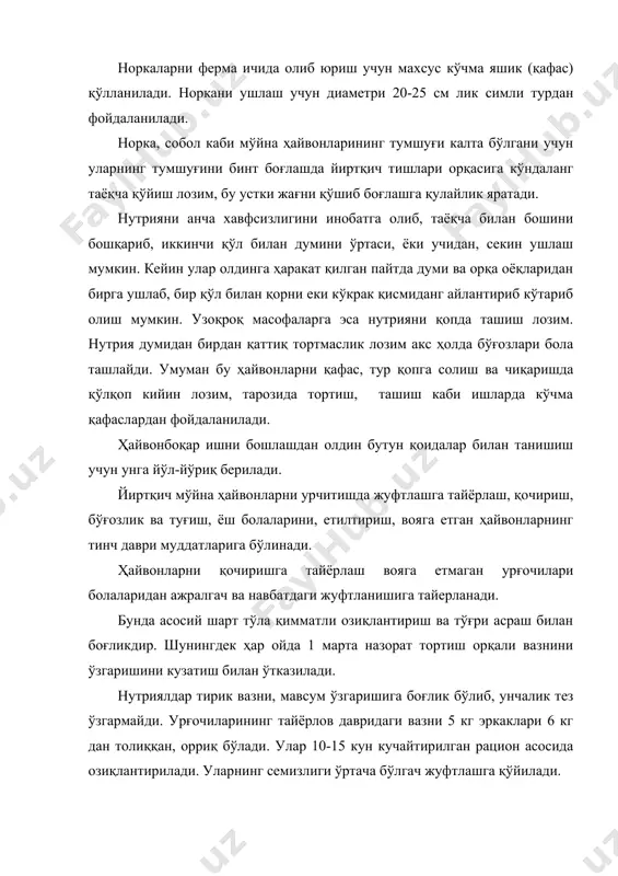 вар ойларига тўғри келади. тулкиларда эса бундай фаолият декабр ойининг охирларида билинади. шуларни ҳисобга олган ҳолда ҳайвонларни қочиришга тайёрлашни, июл ойининг охири, августдан бошлаш лозим. аксинча тайёрлаш муддати қисқариб, жинсий аъзолар фаоллашаолмайди, урчиш меъерда бўлмайди. яхши озиқлантирмаслик ва тўла сифатли озиқа бермаслик жинсий фаолиятга, бўғозликка ва туғишга салбий таъсир этади. аксинча хаддан ташқари озиқлантириш ҳам, айниқса эркак жинсларга ёмон таъсир этади. ойма-ой тарозида тортиш, кўз билан чамалаб қўл билан силаб, семизлик даражаларни аниқлаб бориш лозим. йил бошида ҳайвонлар асосий подаси қайта тикланиб, ўрнига қишги узун жунлар вақтида чиқмаса, танасида бузилиш борлиги бу ҳол урчитишда салбий таъсир кўрсатади. ёш эркак ва урғочи мўйна ҳавонларининг урчитишга таёрлиги муҳим аҳамиятга эга. агар 1 январдаги, тирик вазни, ҳолати вояга етганларидан фарқ қилмаса мақсадга мувофиқ ҳисобланади. четдан келтирилган наслли ҳайвонларни кечиктирмасдан фойдаланиш лозим. улардаги ўзгаришлар кузатилиб, урчитишга салбий таъсир бўлмаслиги лозим. норка (ёки бошқа ҳайвонларни) совуқ пайтида уяси иситилиши, боқувчи уни хашак, похол билан ўраб …