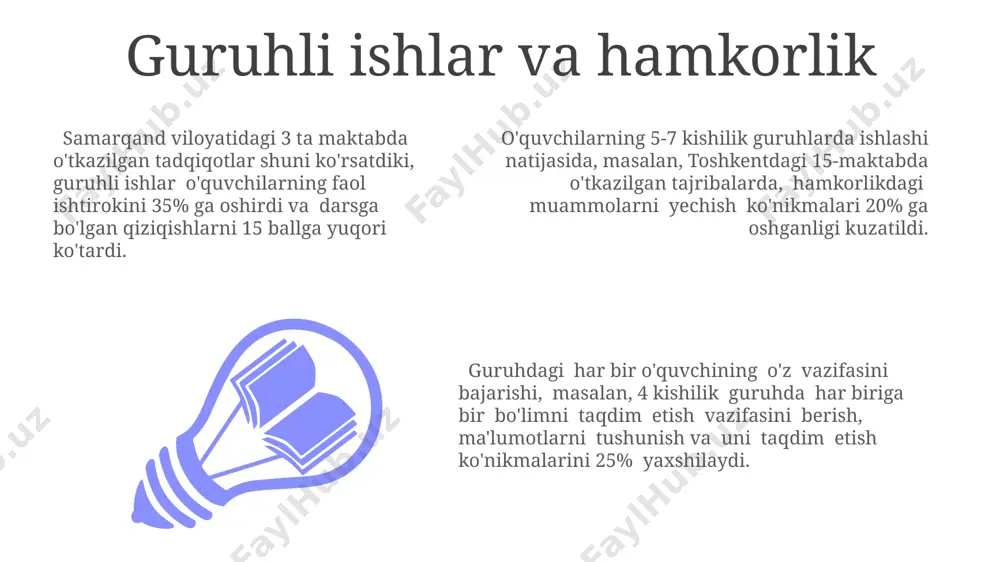 yani oshirish mumkin. o'qituvchi va talaba o'rtasidagi samarali aloqa o'zbekistonning turli hududlarida o'tkazilgan so'rovnomalar shuni ko'rsatdiki, 70% talaba o'qituvchilar bilan ochiq muloqot qilish imkoniyatiga ega emas, bu esa faollikning pasayishiga olib keladi. samarali aloqa 30% ga yaqin dars samaradorligini oshiradi, degan tadqiqotlar 2022-yilda toshkent shahridagi o'rta maktablarda o'tkazildi va o'qituvchining talabaga bo'lgan individual yondashuvi muhim rol o'ynaydi. talabalar bilan ochiq va hurmatli muloqot, masalan, 5-10 minutlik individual suhbatlar, ularning o'qishga bo'lgan qiziqishini 2 barobar oshirishi mumkin, bu esa andijon viloyatidagi tajribalarda isbotlangan. interfaol o'qitish texnologiyalari o'quv jarayoniga interaktiv o'yinlarni, jumladan, kahoot! platformasidan foydalanib, 25 ta savol va javobdan iborat viktorinani kiritish orqali samarqanddagi maktab o'quvchilarining bilimlarini mustahkamlash mumkin. interfaol o'qitish texnologiyalari, masalan, 3d modellashtirish yordamida 10-sinf o'quvchilariga toshkentdagi tarixiy binolarni o'rganish imkoniyatini beradi, bu ularning faol ishtirokini oshiradi. 5-sinf geografiya darsida google earth dasturi yordamida jahonning turli mamlakatlari va mintaqalarini virtual ravishda o'rganish o'quvchilarning faolligiga 20% ga yaqin o'sishni ta'minlaydi. …