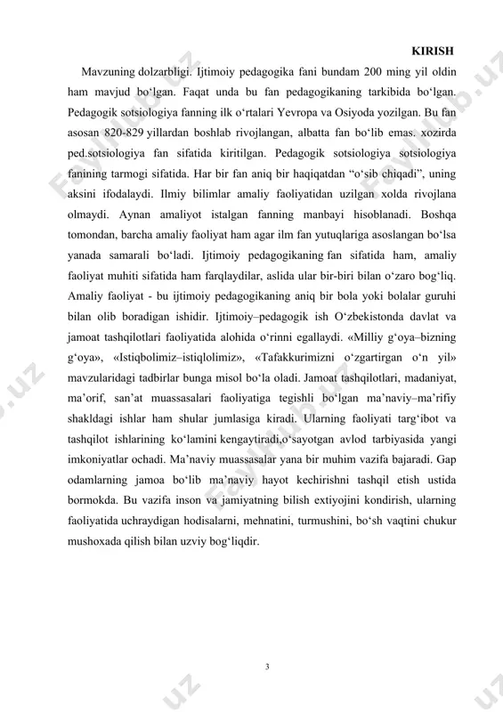 axshi fikr, xukta (gukta) –yaxshi soz va xvarsha (gvarshta)–yaxshi ishlarda ifodalanadi. “men yaxshi fikr, yaxshi so‘z, yaxshi ishga shon- shavqat baxsh etaman. men yaxshilikdan iborat qonunga shon shavqat baxsh etaman” (“yasna”, 14), deyiladi. “avesto” tadqiqotchisi a.o.makovelskiy inson fikri, so‘zlari va ishlariga ikki karama-qarshi kuch: voxu mana (“yezgu fikr”) va apo mana (“yovuz fikr”) ta’sir ko‘rsatadi deydi. barcha fikrlar, so‘zlar va ishlar ichida aslida ezgulik va yovuz lik yotadi. “yaxshi fikr” deganda iloxiy-qonun ruxidagi kishisiga mexribon bo‘lish, maqsadlarga ko‘maklashishga, yovuzlikka qarshi kurashishga tayyor turish, kishilarni baxt-saodati uchun harakat qilish, ahillik va do‘stlik, totuvlikda yashashga intilish ruxidagi niyatlar va fikrlar musaffoligi tushunilgan. inson o‘z fikri xayolida boshqalarga hasad qilmasligi lozim. yaxshi niyatli kishi darg‘azab bo‘lmaydi va boshqa jixatlarga berilmaydi. chunki bunday xolatda inson yaxshi niyatni yo‘qotadi, burch va adolat haqida unutadi va nojuya harakatlar qiladi. i bob. ijtimoiy pedagogikaning rivojlanishi 1.1.ijtimoiy pedagogika fanining taraqqiyot bosqichlari pedagogika fani tarixi qadimgi davrlariga borib taqaladi. …