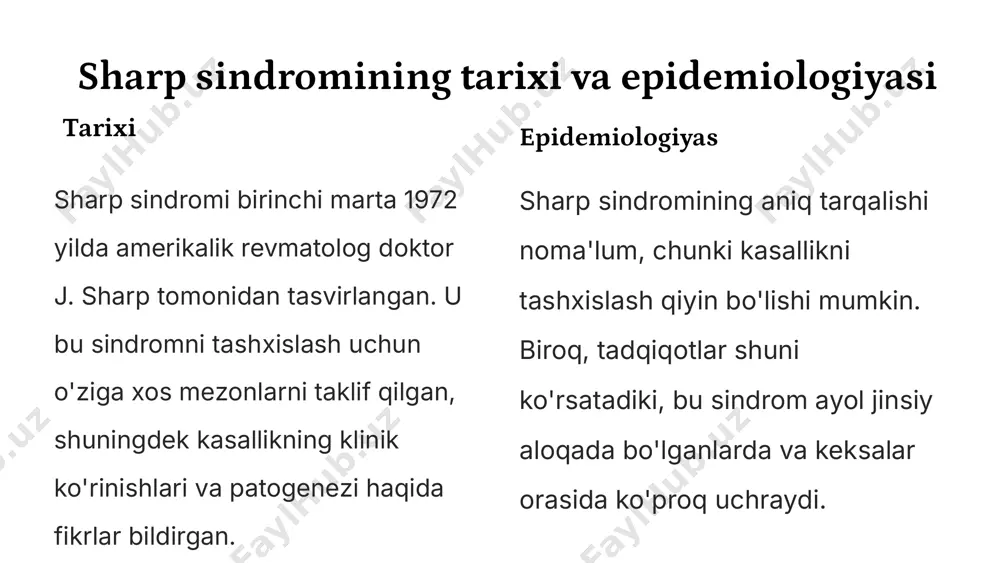 r qon tahlillari antitelalar, qizil qon tanachalarining cho'kish tezligi va boshqa ko'rsatkichlarni aniqlash uchun o'tkaziladi. rentgen tekshiruvi bo'g'imlar va suyaklardagi o'zgarishlarni aniqlash uchun o'tkaziladi. ultra tovushli tekshiruv bo'g'imlar, mushaklar va boshqa to'qimalardagi o'zgarishlarni aniqlash uchun ishlatiladi. ‹#› sharp sindromining klassifikatsiyasi klassik sharp sindromi ushbu tur antitelalarning birlashmasi bilan tavsiflanadi. 1 aralash sharp sindromi ushbu turda bir nechta turdagi autoimmun kasalliklarning belgilari kuzatiladi. 2 yashirin sharp sindromi ushbu turda kasallikning aniq belgilari yo'q, faqatgina laboratoriya tekshiruvlari natijasida aniqlanadi. 3 ‹#› differentsial diagnostika 1 romatoid artrit bu xastalik bo'g'imlarning yallig'lanishi bilan tavsiflanadi. sharp sindromida ham bo'g'imlardagi og'riqlar bo'lishi mumkin, shuning uchun ushbu kasallikdan farqlash muhimdir. 2 lupus lupus - bu xastalikning autoimmun tabiatiga ega va terining toshmasi, bo'g'imlardagi og'riqlar va isitma bilan tavsiflanadi. sharp sindromida ham ushbu alomatlar bo'lishi mumkin, shuning uchun to'g'ri tashxis qo'yish muhimdir. 3 skleroderma skleroderma terining qalinlashishi va qattiqlashishi bilan tavsiflanadi. sharp sindromida ham terining o'zgarishi bo'lishi mumkin, …