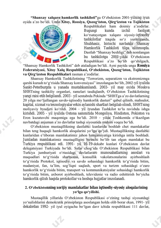 olatxonasi venada 1994 - yildan, 1995- yildan esa yxhtning markaziy osiyo mamlakatlari bilan aloqalari bo‘yicha byurosi toshkentda faoliyat yuritmoqda. 1999- yilda ushbu byuroga yxhtning mintaqadagi markazi maqom berildi. markaz faoliyati nazariy jihatdan siyosiy-harbiy, iqtisodiy-ekologik va inson xuquqlari kabi sohalarda o‘zbekistonda amalga oshirilayotgan tub islohotlarni qo‘llab-quvvatlashga qaratilgan. 1996-yil lissabon sammitida o‘zbekistonning ishtiroki respublika rahbariyatining xavfsizlik doirasiga kiruvchi qarashlarini bayon etishga ham imkon berdi. anjumanda o‘zbekiston xavfsizlik muammosiga doir o‘z qarashlarini bayon etish huquqiga ega bo‘ldi. markaziy osiyo mintaqasini yadro qurolidan xoli zona deb e’lon qildi. 1999-yil 18-19-noyabr kunlari mazkur tashkilotga a’zo 54 mamlakat rahbarlari uchun turkiyaning istambul shahrida oliy darajadagi uchrashuvda prezident xalqaro terorrizmga qarshi markazini tuzish taklifi bilan chiqdi. 1996- yilning boshlarida o‘zbekistonda britaniya kengashi bo‘limining ish boshlashi hamkorlikni mustahkamlash va kengaytarish yo‘lidagi yangi qadam bo‘ldi. o‘zbekistonning niderlandiya, finlyandiya, avstriya, belgiya, shveysariya, italiya, ispaniya, gretsiya, polsha, vengriya, chexiya, slovakiya, xorvatiya, bolgariya kabi yevropa mamlakatlari bilan siyosiy, diplomatik, iqtisodiy va madaniy …