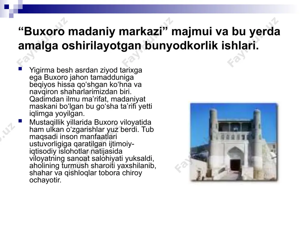an. poydevori tosh va maxsus qir qorishmasidan terilgan. yer sathidan 9 m chu-qur, bal. 50,0 m, kursisi qirrador, tanasi g`o`lasimon, tepasi gumbazli davra qafasa-ko`shk bilan bog`langan. minora yuqoriga ingichkalashib boradi va muqarnas bilan tugaydi. qafasasidagi 16 ravoqli darchalar orqali atrofni kuzatish mumkin. tepaga minora ichidagi 104 pilpoya aylanma zina orqali chiqiladi. masjidi kalon tomonidan minoraga o`tiladigan ko`prikcha bo`lgan. m.k.ning o`zagi ham, bezagi ham chorsi g`isht (27x27x4x5 sm) ganchxok lo-yida terilgan. bezak gishti o`rniga qarab turli shaklda, sirti silliq pardozlangan. buxoroga asos solinishi vobkent minorasi buxoro viloyati vobkent sh.dagi me`moriy yodgorlik (12-a.). o`n ikki qirrali supa asosga o`rnatilgan g`o`la (quyi qismining diametri 6,19 m, yuqori qisminiki — 2,81 m) shaklida rangdor, pishiq g`ishtlardan qurilgan. bir paytlar yonida mavjud bo`lgan masjid tomonidan kirib, yuqoriga aylanma zinapoya orqali chiqilgan. bo`rtma naqshli 10 belbog` bilan qismlarga ajratilgan, har bir qismi bir-biriga o`xshamaydigan qilib g`isht terib naqshlangan, quyisidagi naqshlar orasida qurilgan yili va qurdirgan shaxs …