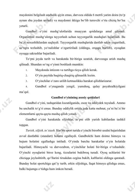 kibroq turadi. oyoq uchlarini bir chiziqqa joylashtirib, qo‘llarini tirsakdan ozgina bukib, kaftlarini oldinga qaratadi. bunday holat sportchiga qat’iy turib, erkin siljishiga, faqat himoya qilishga emas, balki hujumga o‘tishga ham imkon beradi. hujumchining holati himoyachinikiga biroz o‘xshaydi. qo‘llari tirsakdan bukilgan va ko‘krakka barobar turadi. oyoqlari biroz bukilgan bo‘lib, bitta oyog‘i va yelkasi oldinga chiqib turadi. oyoqni ortiqcha keng qo‘yib yuborish ham yaramaydi (40 — 50 sm dan oshmasligi kerak). o‘yin paytida sportchilar doimiy harakatda bo‘lib, uni siljish, qadamlab, yugurib yurish, tez yurib, sakrab va boshqa harakatlar bilan amalga oshiradilar. o‘yinchi o‘yinda raqibni aldash, sherik bilan qulay vaziyat tanlash uchun to‘xtashi mumkin. to‘xtash ikki qadam yoki sakrash bilan bajariladi. oyoqlar bukiladi, gavda harakat yo‘nalishining qarshi tomoniga egiladi. birinchi qadam keng, ikkinchisi qisqa qo‘yiladi, ikki qadamda to‘xtash zarur. to‘xtagach, sakrab oyoqlarni egish lozim. to‘pni bir joyda va harakat chog‘ida ikki qo‘llab tutish va uzatish. o‘yin davomida o‘yinchi ko‘p marta to‘pni ikki yoki bir …