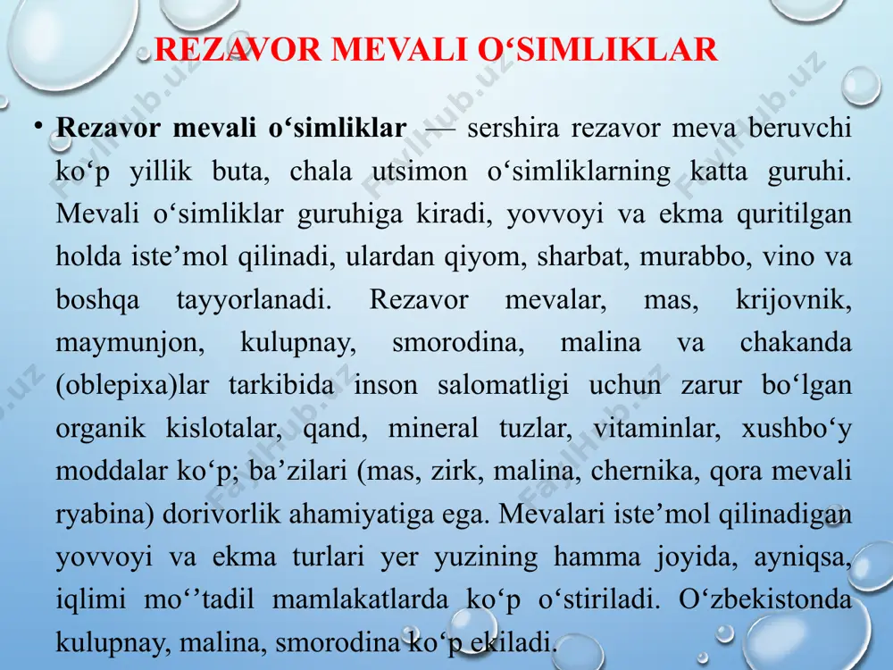 da tuxumdonning tanasiga joylashtirilgan (ba'zi istisnolar mavjud, masalan, qalampir). mevalarni ishlab chiqaradigan o'simlik deyiladi berryli yoki berry (rezavorlarga o'xshash mevalar, aslida ular yo'q bo'lsa ham, ba'zida ularni "rezavorlar" deb atash mumkin). kundalik hayotda "berry" har qanday mayda berry mevasi deb ataladi. bu "rezavorlar" odatda suvli, dumaloq yoki yarim cho'ziq, och rangli, shirin yoki nordon va urug'siz, garchi urug'lar bo'lsa. pomidor kabi ko'p miqdordagi rezavorlar qutulish mumkin, boshqalari esa bir xil o'simlik oilasidan, masalan, belladonna mevalari ( atropabelladonna) va kartoshka mevalari ( solanumtuberosum) odamlar uchun zaharli. ba'zi mevalar, masalan, capsicum qizil ( capsicum), urug'lar atrofida go'sht emas, balki bo'sh joy mavjud. botanika reza mevalariga quyidagilar kiradi: 1. avakado ( perseya americaana), bitta urug'li berry 8. uzum, ( vitit vinifera) 2. barberry ( berberis; berberidaceae) 9. honeyuck: ba'zi turlarning rezavorlari qutulish mumkin, boshqalari esa zaharli ( loniceraspp; caprifoliaceae) 3. bearberry ( arktostafilos spp.) 10. lingonberry ( vaktsiniyvitit- idaea) 4. qahva rezavorlari 11. …