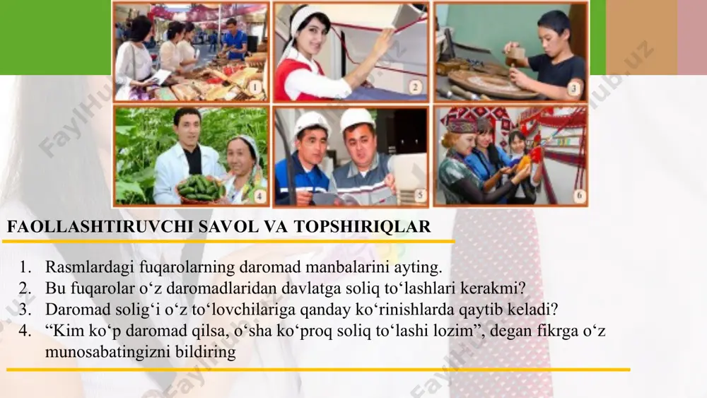 birkorlik faoliyati bilan shug‘ullanuvchi jismoniy shaxslar tadbirkorlikdan olgan daromadlaridan qat’iy belgilangan soliq to‘laydilar. ya’ni bu fuqarolar tadbirkorlik faoliyatidan qancha daromad olishlaridan qat’i nazar, ula rdan belgilangan miqdo rda da romad solig ‘i undi riladi. lеkin 2019- yildan, ya’ni yangi soliq islohotlaridan kеyin mutasaddi organlarga xususiy tadbirkorlar tomonidan qat’iy bеlgilangan stavka bo‘yicha soliqqa tortiluvchi faoliyat turlarini qayta ko‘rib chiqish va ularning sonini kamaytirish topshirildi. daromad solig‘i to‘lovchilari, daromad solig‘i stavkalari va uni hisoblash bilan bog‘liq tartib va qoidalar soliq kodeksida o‘z aksini topadi. aynan shu maqsadda soliq islohotlari bilan bir vaqtda amaldagi soliq kodеksiga ham zarur o‘zgartish va qo‘shimchalar kiritildi. jismoniy shaxslardan undiriladigan daromad solig‘i stavkalarining 2018-yilgi va 2019-yilgi stavkalarini 81-betdagi jadval bo‘yicha solishtirib ko‘rish mumkin. ish haqidan olinadigan soliqlarni va boshqa ijtimoiy to‘lovlarni korxona hisobchisi hisoblaydi. hisoblangan soliqlar ish haqidan chegirib davlat budjetiga o‘tkaziladi. shunday bo‘lsa-da, daromaddan undiriladigan soliqni hisoblay olish har bir fuqaro uchun muhimdir. amaliy mashq. firma o‘z …