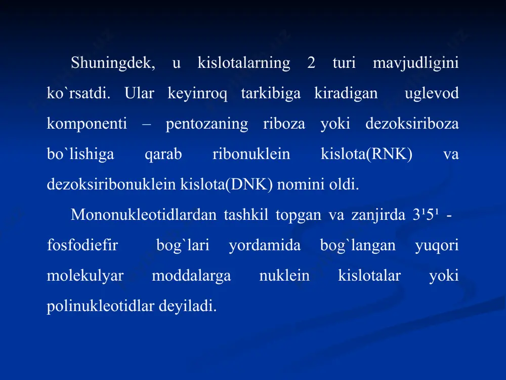 bo`lib, ular hujayrada o`tmishdoshi – pre-mrnk dan hosil bo`ladi. pre-mrnk dnk qismlarining nusxasiga ega bo`lganligi uchun uning ikkilamchi strukturasi shpilkali va to`g`ri chiziqli bo`ladi. pre-mrnk ning yetilish jarayonida shpilkalar fermentlar ta’siriga uchraydi va mrnk hosil bo`ladi. nukleotidlar tripletlari mrnk ning kodli elementi bo`lib, kodon deb aytiladi. har bir kodon ma’lum bir aminokislotaga mos keladi. mrnk ning ikkilamchi strukturasi egilgan zanjir shaklida, uchlamchi strukturasi esa katushkaga o`ralgan ipsimon shaklda bo`lib, bunda transport oqsili – informofer alohida o`rin tutadi. trnk ning ikkilamchi strukturasi “beda bargi” ko`rinishiga ega. u trnk ning ma’lum bir qismlaridagi zanjirning ichki komplementar nukleotidlarining juftlashishi oqibatida kelib chiqadi. trnk ning nukleotidlar orasida vodorod bog`lari hosil qilmaganlari halqa (petlya) shaklida yoki to`g`ri chiziqli bo`g`inlar hosil qiladi. trnk da quyidagi struktura qismlari farq qilinadi: 1. aksteptor shoxchasi to`rtta to`g`ri joylashgan nukleotidlardan tashkil topgan bo`lib, ulardan uchtasi hamma turdagi rnk larda bir xil tartibda – ssa ko`rinishiga ega. bunda adenozinning 3¹ - …