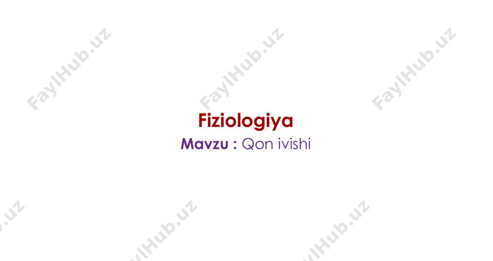 mostatik tiqin hosil bo’lishi 1. adgeziya ● zararlangan sohadagi kollagen tolalariga von willebrand faktorlari (vwf) o’tiradi ● trombotsitlar membranasida vwf- retseptorlari mavjud ● retseptorlar yordamida trombotsitlar kollagenga yopishadi ● kollagenga yopishgan trombotsitlar o’zidan adf, tromboksan a2 ishlab chiqaradi 2. aktivatsiya ● adf va tromboksan a2 yon atrofidagi trombotsitlarga ta’sir qiladi ● natijada trombotsitlar aktivlanadi ● aktivlangan trombotsitlar soxta oyoqlar hosil qiladi, membranasida aggregatsiya retseptorlari ko’payadi 3. aggregatsiya ● aktivlangan trombotsitlar fibrinogen oqsili yordamida bir-biriga yopishadi (aggregatsiyalanadi) ● natijada zararlangan sohada trombotsitlardan iborat tiqin hosil bo’ladi ● bu tiqin kuchsiz bo’lib, kichik o’lchamdagi zararlangan joyda qon ketishini to’xtatishi mumkin ● lekin zararlangan soha o’lchami katta bo’lsa yoki yuqori qon bosimiga ega qon-tomir zararlansa, trombotsitar tiqin (vaqtinchalik) uzoq vaqt dosh bermaydi ● bu vaziyatda doimiy tiqin hosil qilish jarayonlari boshlanadi doimiy gemostatik tiqin hosil bo’lishi ► doimiy gemostatik tiqin qon koagulyatsiyasi natijasida hosil bo’ladi: koagulyatsiya faktorlari ● faktor i – fibrinogen ● …