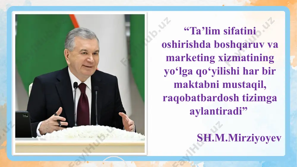 agi ta’lim” –(“world-class education”) nomli kitobi toshkentda “zamin” nashriyoti tomonidan nashr etilgan bo‘lib, unda zamonaviy ta’lim tizimini isloh qilish, xalqaro tajribalar va ta’lim muassasalarida ta’lim jarayoniga yangicha yondashish haqida muhim fikrlar yoritilgan. philip kotler va gary armstrongning “principles of marketing” asari marketing sohasida eng mashhur va keng tarqalgan darsliklardan biridir. 19-nashr: 2023 yil 30 martda pearson tomonidan chop etilgan. ushbu darslikda marketing strategiyalari, mijozlar bilan aloqalar, raqobatbardoshlikni oshirish va boshqa muhim mavzular yoritilgan. maqsad. maktab boshqaruvida marketing xizmatini tashkil etish orqali keng auditoriyaga sifatli ta’limni taklif etish. vazifalar. maktabni bitirib bugungi kunda yuqori lavozimlarda faoliyat olib borayotgan sobiq bitiruvchilar va ota-onalar bilan seminar-treninglar o‘tkazish orqali keng jamoatchilik bilan samarali aloqalarni o‘rnatish. raqamli ta’lim platformalarini joriy etish orqali ta’lim xizmatlarini ijtimoiy tarmoqlar va veb-sayt orqali targ‘ib qilish. yangi o‘quvchilarni jalb qilish va ta’lim sifati haqida ma’lumot beruvchi maktabning imidjini yaratish. o‘qituvchilar o‘rtasida marketing xizmatini amalga oshirish bo‘yicha o‘quv seminarlar tashkil etish, …