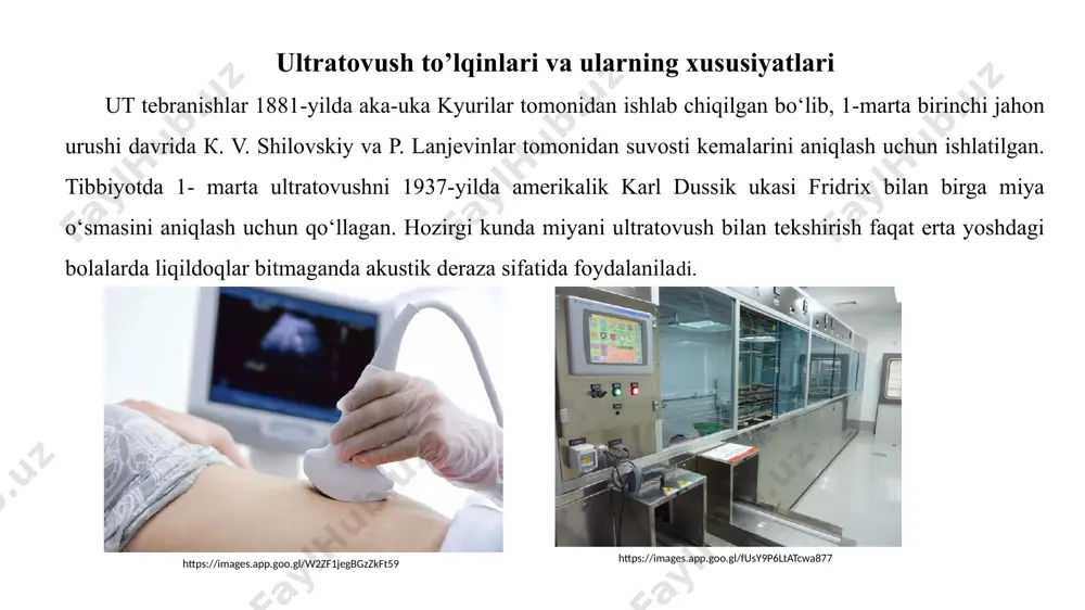 vush to'lqinlarni uzatadi va qabul qiladi https://images.app.goo.gl/ubtvrzyzzvsqpybv6 ultratovush to'lqinining xususiyatlari ut to’lqinining tarqalishi. to'lqinning tarqalishi ultratovushning turli to‘qimalarda tarqalishi va uzatilishida namoyon bo'ladi. to‘qimalaming ut to'lqinini tarqatish xususiyati tasvir paydo bo'lishida muhim ahamiyatga ega. to‘qimaning ut to'lqinlari tarqatish xususiyati shu a’zoda ut diagnostikasi zaruratini yoki chegaralanishini belgilab beradi. utt lar yumshoq to‘qimalarda bo'ylama to'lqinlar kabi tarqaladi. molekulalar tebranadi va energiyani keyingi molekulaga o'tkazadi, ana shu tarzda ut energiyasi tana bo‘ylab tarqaladi. yumshoq to‘qimalarda ut ning tarqalish o‘rtacha tezligi 15—40 sekundni tashkil etadi to'lqin uzunligi. ultratovush to'lqin uzunligi nurlanish chastotasiga teskari proporsionaldir. nurlanish chastotasi qancha baland bo‘lsa, to'lqin uzunligi shuncha qisqaradi. misol uchun 3 mgs chastotali ut yumshoq to‘qimalarda 0,5 mm uzunlikka ega, ayni paytda 6 mgs chastotali ut 0,25 mm uzunlikka ega. to'lqin qancha kalta bo'lsa, aniq tasvirga ega bo'lish imkoniyati shuncha balanddir. lekin to'lqin uzunligi ut to'lqinining chuqurlikka kirib borishiga ta’siri bor. to'lqin uzunligi https://images.app.goo.gl/v14kwiqia35ti7gb8 fokusirovka (tasvirni sozlash). fokusirovka …