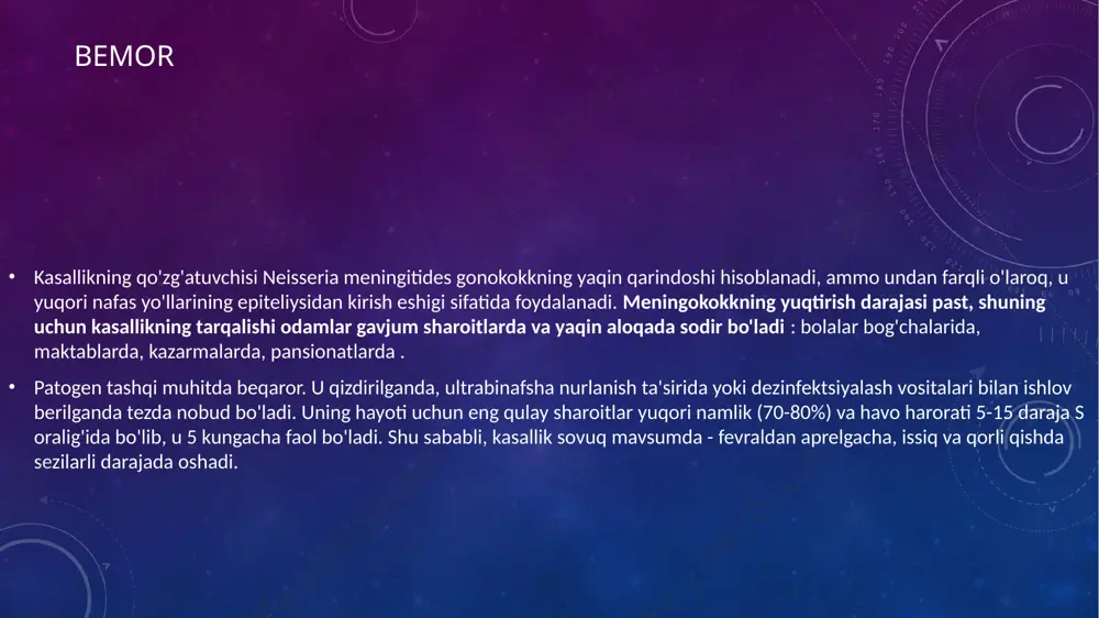 iy immunitet yaxshi ifodalangan bo'lsa, unda meningokokk infektsiyasining tashilishi rivojlanadi: bakteriyalar nazofarenkda o'rtacha darajada ko'payadi va tashqi muhitga oz miqdorda chiqariladi. biroz vaqt o'tgach, ular tanani tark etadilar . agar meningokokkning virulentligi shilliq qavatga chuqur kirib borishi uchun etarli bo'lsa, meningokokk nazofaringit rivojlanadi . bakteriyalar tana hujayralarini yo'q qiladi va agressiv moddalarni to'qimalarga chiqaradi, bu qon tomirlari va immunitet tizimining reaktsiyasini keltirib chiqaradi. qon yallig'lanish joyiga intensiv ravishda oqadi, uning suyuq qismi shilliq qavatiga kiradi - giperemiya va shish paydo bo'ladi. ular patologik fokusni cheklash va patogenning yanada tarqalishini oldini olish uchun mo'ljallangan . yallig'lanish sohasidagi sezgir nerv uchlari biologik faol moddalarga ta'sir qiladi, ular yo'q qilingan hujayralarni chiqaradi va og'riqli signal sifatida miyaga og'riq impulsini yuboradi. bu bakterial toksinlar va retseptorga shishgan to'qimalarning bosimi bilan yanada kuchayadi. natijada, odam og'riq va tomoq og'rig'ini his qiladi . agar yallig'lanish reaktsiyasi nazofarenkdagi meningokokkni to'xtatmasa, u qon va limfa tomirlariga kiradi . …