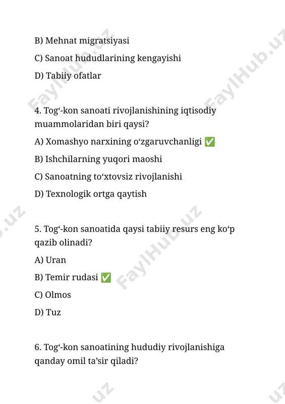 kon sanoatining suv resurslariga ta’siri qanday? a) suv tanqisligi va ifloslanishiga sabab bo‘ladi ✅ b) suv resurslarini ko‘paytiradi c) suv sifatini yaxshilaydi d) suv resurslariga ta’siri yo‘q 12. togʻ-kon sanoatida eng xavfli ekologik muammo nima? a) tog‘ jinslarining buzilishi b) havo va suvning zaharlanishi ✅ c) ishchilarning ko‘payishi d) tabiiy ofatlar 13. togʻ-kon sanoatining eng ko‘p zarar yetkazadigan ekologik oqibati nima? a) atmosfera havosining ifloslanishi ✅ b) yangi ish o‘rinlarining yaratilishi c) ekoturizmning rivojlanishi d) elektr energiyasi tannarxining pasayishi 14. togʻ-kon sanoatida ekologik xavfsizlikni oshirish uchun nima qilinishi kerak? a) qazib olish hajmini ko‘paytirish b) zamonaviy ekologik texnologiyalarni joriy etish ✅ c) ishlab chiqarishni kamaytirish d) foydali qazilmalarni yo‘q qilish 15. togʻ-kon sanoati rivojlanishining huquqiy muammosi qaysi? a) qonunchilik va litsenziyalashdagi kamchiliklar ✅ b) ishchilarning ortiqcha bo‘lishi c) xomashyoning arzonligi d) yangi korxonalar ochilishi 16. togʻ-kon sanoatida qazib olish texnologiyalarining asosiy kamchiligi nima? a) ishlab chiqarish tannarxining arzonligi b) ekologik …