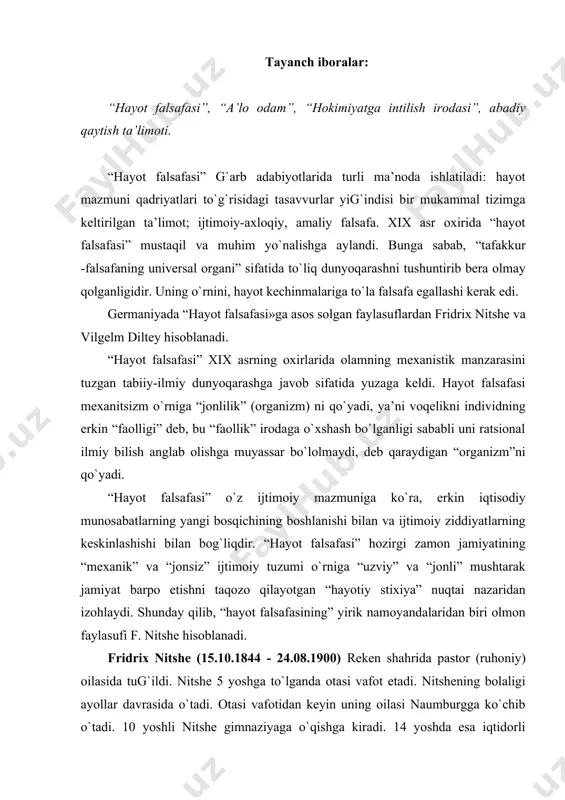 ing bolaligi ayollar davrasida о`tadi. otasi vafotidan keyin uning oilasi naumburgga kо`chib о`tadi. 10 yoshli nitshe gimnaziyaga о`qishga kiradi. 14 yoshda esa iqtidorli о`quvchi bо`lganligi uchun “shulpfort” nomli mashhur internatda о`qiydi. mazkur internat “ta’limotlar darvozasi” deb nomlanardi. bu yerda ijtimoiy-gumanitar fanlar yuqori saviyada о`qitilar edi. nitshe 1864 yilda 20 yoshda bonn universiteti studenti bо`ladi. 2 semestr о`qigandan sо`ng nitshe о`zining ustozi richel bilan leypsigga ketadi. universitetda hali о`qishni tugatmasdanoq, ustozi richel tavsiyasiga binoan bazel (shveysariya) universiteti professor lavozimiga taklif etiladi. 1867-1868 yillarda nitshe majburiy harbiy xizmatga chaqiriladi, dala artilleriyasi qо`shinida xizmat qiladi. 1869 yildan 1879 yilgacha nitshe bazel universitetida mumtoz (klassik) filologiya professori lavozimida ishlaydi. nitshe bu davrdagi mashhur insonlar bilan tanishish sharafiga muyassar bо`ldi. shulardan biri rixard vagner edi. u о`z zamonasining mashhur kompozitori edi. 1878 yildan nitshe og`ir kasallikka uchraydi, uni juda qattiq bosh og`rig`i qiynaydi. shu tufayli nitshe 1879 yilda 35 yoshida iste’foga chiqadi. 1879-1889 yillarda u …