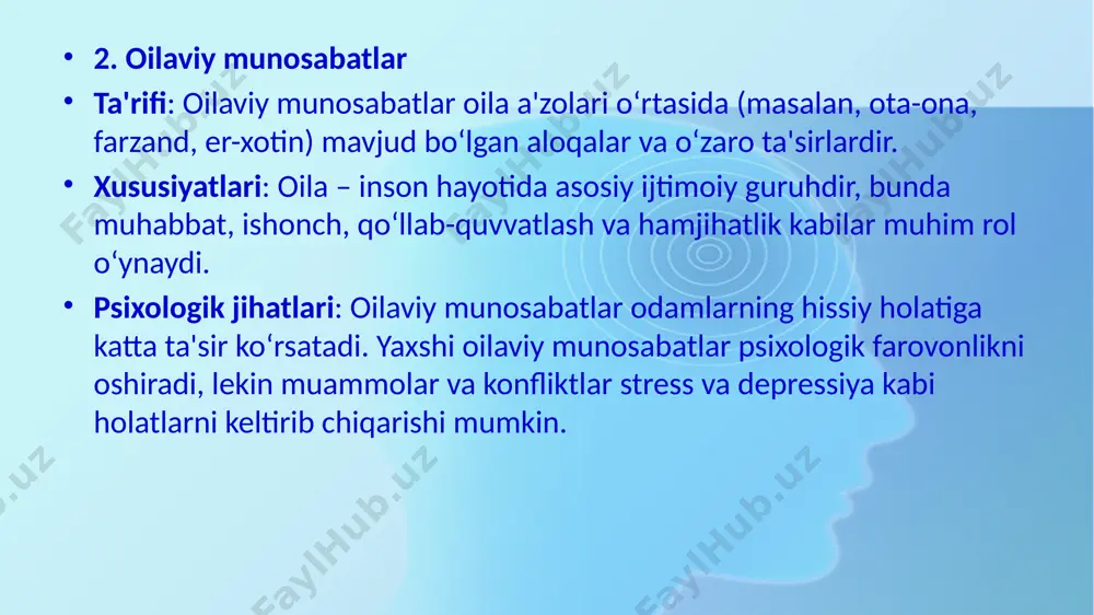 a harakatlariga ishonishdir. xususiyatlari: ishonch, asosan, o‘zaro hurmat, va'dalarni bajarish va muvaffaqiyatli kommunikatsiya asosida shakllanadi. psixologik jihatlari: ishonch shaxslararo munosabatlarning mustahkamligini ta'minlaydi. odamlar bir-biriga ishonishsa, ular o‘zaro munosabatlarda ko‘proq samimiy va ochiq bo‘lishadi. ishonchsizlik esa munosabatlarni buzishi, konfliktlar va ziddiyatlarga olib kelishi mumkin. 4. hissiy intellekt (emotsional intellekt) ta'rifi: hissiy intellekt – bu o‘z hissiyotlarini va boshqalarning hissiyotlarini aniqlash, tushunish va boshqarish qobiliyatidir. xususiyatlari: emotsional intellekt o‘zining va boshqalarning hissiyotlariga moslashishga yordam beradi, bu esa samarali muloqot va munosabatlarni o‘rnatishda muhimdir. psixologik jihatlari: yaxshi rivojlangan hissiy intellekt shaxslararo munosabatlarni yaxshilashga yordam beradi, chunki odamlar o‘z hissiyotlarini boshqarish va boshqalarning hissiyotlariga munosabatda bo‘lishni o‘rganadilar. emotsional intellekt kam bo‘lgan odamlar esa hissiy konfliktlarni boshqarishda qiyinchiliklarga duch kelishlari mumkin. 5. o‘zaro anglashuv va muvofiqlik ta'rifi: o‘zaro anglashuv – bu odamlarning bir-birining fikrlarini, his-tuyg‘ularini va nuqtai nazarini to‘g‘ri tushunishi va qabul qilishi jarayonidir. xususiyatlari: shaxslararo munosabatlar samarali bo‘lishi uchun, o‘zaro anglashuv muhimdir. bu, ikki …