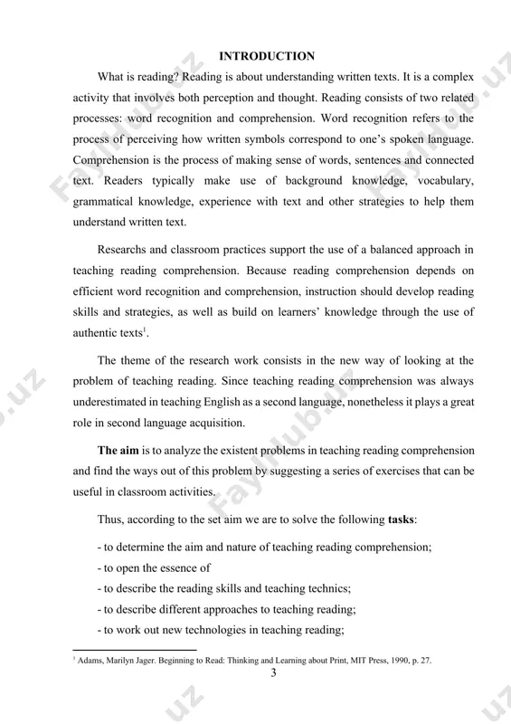 h assumes that students learn to read a language by studying its vocabulary, grammar, and sentence structure, not by actually reading it. in this approach, lower level learners read only sentences and paragraphs generated by textbook writers and instructors. the reading of authentic materials is limited to the works of great authors and reserved for upper level students who have developed the language skills needed to read them[footnoteref:2]. [2: adams, marilyn jager. beginning to read: thinking and learning about print, mit press, 1990, p. 27.] the communicative approach to language teaching has given instructors a different understanding of the role of reading in the language classroom and the types of texts that can be used in instruction. when the goal of instruction is communicative competence, everyday materials such as train schedules, newspaper articles, and travel and tourism web sites become appropriate classroom materials, because reading them is one way communicative …