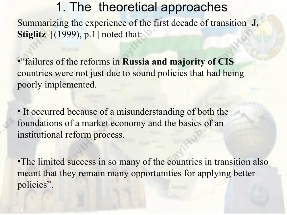 h. w. hoen (2013)]. 2. central asian states “puzzles” it is known, that “mainstream” monetarist approaches still dominates numerous policy circles, think tanks and experts of the imf, world bank, ebrd. from their viewpoint still “the output records of uzbekistan …present a challenge to the standard transition paradigm” [s. fisher, r. sahay (2000) p.18] “puzzle”- taube and zettelmeyer, zettelmeyer (1998). although afterwards several other books has been published more about the “uzbek model”, “ uzbek paradox”, “uzbek path” by r. pomfret (2000), (2006), g. gleason (2003), m. spechler (2004, 2008)] from slightly different positions. but “uzbek puzzle” has not been fully discovered yet. ch 1. dynamics of gdp in transformational countries, 1989-2013(%) source: ebrd data [see, v. popov (2013), (ce-unweighted average for the czech republic, hungary, poland, slovakia and slovenia)]. 2. central asian states “puzzles” now the ebrd transition report “stuck in transition?” (2013) has introduced a reversed kyrgyz “puzzle”. …