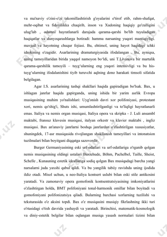 larni p. meshchaninov transsendental deb ataydi. tafakkurning ikkinchi turi klassitsizm davrida shakllangan. bu musiqa ichida asoslangan normalarning avtonom tizimidir. bu yerda alohida qoidalar orqasida qoidalarning bir-biri bilan aloqasi, ularning tizimli tabiati yotadi, bu esa musiqiy asarning oʻz-oʻzidan yetarli yaxlitligini taʼminlaydi. bu erda o'ziga xos funktsional-harmonik mantiqqa ega bo'lgan tonal texnika hukmronlik qildi. bu davrning kulminatsion nuqtasi vena klassikasining gomofonik-garmonik uslubidir. shunday qilib, agar fikrlashning birinchi turi "tarkib" elementi bilan tavsiflangan bo'lsa, ikkinchisi - "bo'ysunish", tartibga solish, tasdiqlash, ichki markaz. birinchisi - "savol shakli". ikkinchisi - "bayonnoma shakli". bax ishida chiziqli-intonatsion makondan garmonikga burilish nuqtasi mavjud bo'lib , u na birinchi, na ikkinchi tamoyillarning ahamiyatini inkor etmaydi. shunday qilib, kech barokko va paydo bo'lgan rokoko va klassitsizm chorrahasida bo'lish. u vaqtdan ustun turdi va o'z uslubida muqaddas kanon va musiqa me'yorlarining avtonom tizimini birlashtira oldi. u modal va tonal uslublar, gregorian va lyuterian qo'shiqlari, arxaik va innovatsion qo'shiqlar bilan o'zaro ta'sir …
