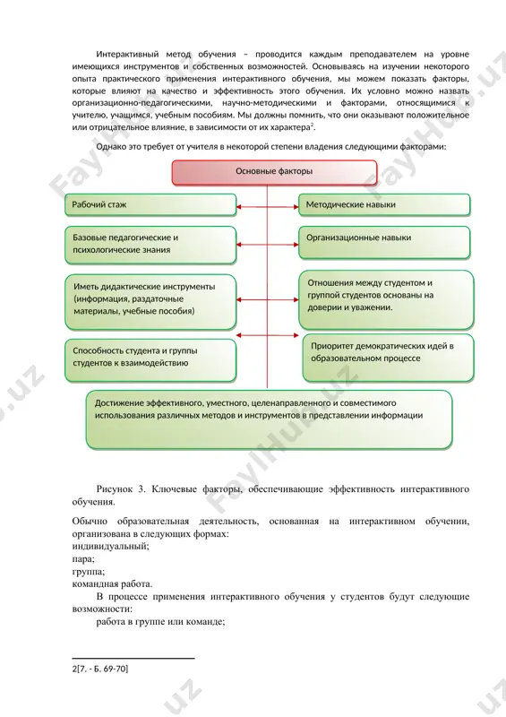 и ученики всячески активны. формы: учитель-ученик; от студента к студенту; студенческая малая группа; малая группа-малая группа; ученик-преподаватель; малая группа-учитель; групповой учитель 10. ожидаемый результат приобретение знаний, навыков, умений студентов по теме сформировать у студентов собственное мнение и выводы по теме, научить их приобретать самостоятельные знания. на основании анализа некоторых аспектов интерактивного обучения, представленного в данной таблице, можно сделать следующие выводы: 1. при преподавании предметов, включенных в учебный план, необходимо учитывать целесообразность организации интерактивных уроков по каким темам. это предполагает использование интерактивных или традиционных видов обучения, которые обеспечивают полное достижение целей обучения по одной теме. 2. чтобы интерактивное обучение было эффективным, важно убедиться, что учащиеся знают основные концепции и справочную информацию по теме перед новым уроком. 3. важно помнить, что интерактивное обучение требует больше времени для самостоятельной работы учащихся, чем традиционное обучение. интерактивный метод обучения – проводится каждым преподавателем на уровне имеющихся инструментов и собственных возможностей. основываясь на изучении некоторого опыта …