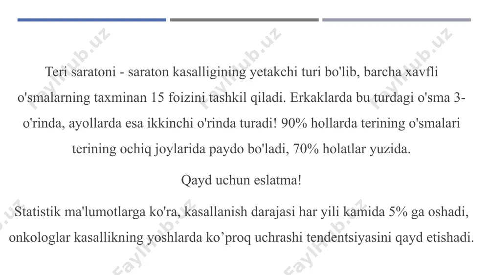 i kam. teri saratoni turlarining tasnifi teri saratonining bir nechta turlari mavjud, ular bir-biridan nafaqat tashqi qiyofasi bilan, balki rivojlanish darajasi va tiklanish prognozi bilan ajralib turadi. ammo onkolog uchun muhim bo'lgan asosiy xususiyat bu o'smaning tuzilishi. shuning uchun biopsiya, ya'ni shubhali to'qima qismining olinishi, keyingi gistologiya – neoplazmaning xarakterini aniqlash uchun mikroskopik tekshirish uchun buyuriladi. melanoma bemorlarning 2,5-10 foizida tashxis qo'yilgan va xavfli yo'nalish ehtimoli yuqori va 89% hollarda o'limga olib keladi. u tez rivojlanish va rivojlanishning 1-dan 4-bosqichlariga tez o'tish bilan tavsiflanadi. bunday neoplazma melanotsitlardan - pigment teri hujayralaridan rivojlanadi. kasallikka ayollar ko'proq moyil bo'ladi, ayniqsa 50 yoshdan keyin (bu yoshda barcha odamlar uchun xavf keskin oshadi). ko'pincha o'sma ayollarda oyoqlarda va erkaklarda belda rivojlanadi. keksa bemorlarda (65 yosh va undan katta) bosh va bo'yin hududida melanoma juda keng tarqalgan. melanoma saratonning eng agressiv turi hisoblanadi. inson immuniteti bu o'smaga yomon ta'sir qiladi, shuning uchun u tez rivojlanadi …