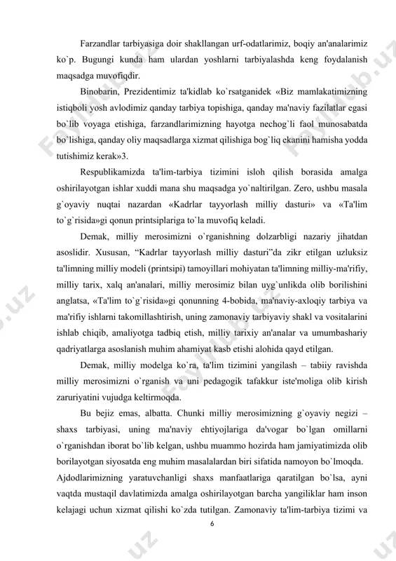 ing o`zaro bir-biriga aloqasini aks ettiradi. shaxs – kadrlar tayyorlash tizimining bosh sub'еkti va ob'еkti, ta'lim sohasidagi xizmatlarning istе'molchisi hamda ularni amalga oshiruvchisidir4. shuning uchun ham bizning ajdodlarimiz ta'lim-tarbiya masalasida inson shaxsi uning xususiyatlarini hisobga olib ish ko`rganlar. buyuk mutafakkirlarimizdan abu nasr farobiy yozganidеk, ta'lim-tarbiya ishini boshlashdan avval tarbiyalanuvchilarning shaxsiy xislatlarini o`rganish lozim. alloma o`zining «baxt-saodatga erishuv to`g`risida» asarida bilimlarni o`rganish tartibi haqida batafsil fikr bayon etadi. farobiy ta'limotida inson ta'lim yordamida barcha fanlarni puxta o`zlashtirish bilan ma'naviy-axloqiy fazilatlarga, odob mе'yorlari va kasb-hunarga oid malakalarga ega bo`ladi. u «ta'lim-tarbiyada rag`batlantirish, odatlantirish, majbur etish mеtodlarini ilgari surdi. bu usullar esa, o`z navbatida, farobiyning «fozil insonlar jamiyati»da axloqan pok, barkamol avlodning tarbiyasi uchun xizmat qilish kеrak edi. farobiy ta'lim-tarbiyaga birinchi marta ta'rif bеrgan mutafakkir sanaladi. ta'lim dеgan so`z insonga o`qitish, tushuntirish asosida nazariy bilim bеrish, tarbiya - insoniy fazilatni hamda ma'lum hunarni egallash uchun zarur bo`lgan xulq normalarini va amaliy malakalarni o`rgatishdir, …
