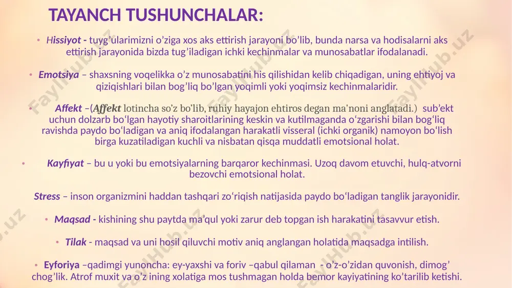 bo’lar edi. shu boisdan ularning o’zaro eng muhim farqi shundaki, birisi ijtimoiy (hissiyot), ikkinchisi esa (emosiya) individual, xususiy ahamiyat kasb etadi. ta'kidlab o’tilgan mulohazalarga qaramasdan, hissiyot bilan emosiyaning o’zaro bir-biridan qat'iy cheklab qo’yish ham ba'zi anglashilmovchilikni keltirib chiqarishi mumkin. . faoliyat, xulq-atvor, muomala sub'ekti o’zining shaxsi hamda jamiyati uchun ahamiyatli hisoblangan narsalar va hodisalarni aks ettiruvchi munosabati hissiyotda mujassamlashadi. shaxsning individual hayoti va faoliyatiga aloqador (xoh foydali, xoh zararli bo’lishdan qat'i nazar) omillar, qo’zg’ovchilar, turtkilarni ifodalovchi hamda kelib chiqishi instinktlar, shartsiz reflekslar, irsiy belgilar (ovqatlanish, jinsiy, himoyalanish, qo’rqish va boshqalar) bilan bog’liq sodda hissiy holatlar "emosiya" deyiladi. . emosiyalar nafaqat insonlarga, balki jonli rivojlangan mavjudodlarga ham taalluqli ruhiy (psixik) holatlardir. hayvonlardagi emosiyalar o’zgarishi murakkab bo’lgan tabiylik (irsiy) alomatlarga asoslanuvchi sodda tuzilishga egadir. odam bilan hayvon emosiyalari o’zlarining moshiyati, tuzilishi, ta'sirchanligi, jadalligi, sifati, shakli bilan keskin tafovutlanadi. emosiyalar tashqi ko’rinishga xosligi bilan, muvaqqat xususiyatga ega ekanligi bilan shissiyotdan farqlanadi. . shuni …
