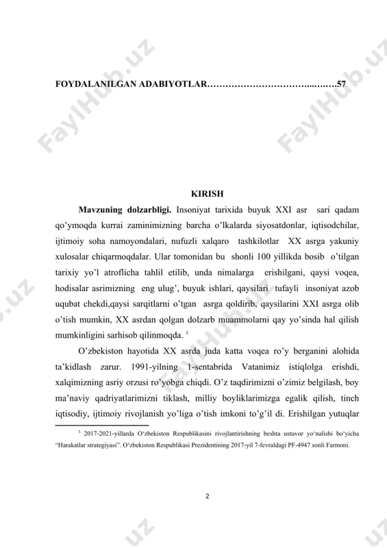 a ro’y berganini alohida ta’kidlash zarur. 1991-yilning 1-sentabrida vatanimiz istiqlolga erishdi, xalqimizning asriy orzusi ro’yobga chiqdi. o’z taqdirimizni o’zimiz belgilash, boy ma’naviy qadriyatlarimizni tiklash, milliy boyliklarimizga egalik qilish, tinch iqtisodiy, ijtimoiy rivojlanish yo’liga o’tish imkoni to’g’il di. erishilgan yutuqlar haqida jahonning eng nufuzli iqtisodchilari, siyosatchilari ko’pdan-ko’p ijobiy fikrlar aytmoqdalar, yutuqlarimizni bir necha o’n yilliklarga hatto, asrlarga qiyoslashmoqdalar. respublikamizda amalga oshirilayotgan ulkan bunyodkorlik ishlari, islohotlar, mamlakatimiz iqtisodiy qudrati oshib borishi natijasida jamiyat ijtimoiy sohasining markaziy bo’g’ini hisoblanadi xalq ta’limida ham tub islohatlar ro’y bermoqda. u yangilanmoqda, yoshlar ta’lim-tarbiyasini takomilashtirish, ularning mazmuni, uzluksizligini ta’minlab beradigan yangi hujjatlar pedagogik texnalogiyalar, amaliyot uslublari bilan boyib bormoqda. o’tmish davriga xos iqtisodiy murakabliklarga qaramay, ta’limning moddiy negizi mustahkamlanib bormoqda. respublika prezidenti va hukumatining ta’limni rivojlantirish, yosh avlodga jahon andozalariga mos bilim, iqtidor va ko’nikmalar berish, ularni ona-vatanga, milliy istiqlol g’oyalariga sadoqat ruhida tarbiyalash borasida ko’rsatilgan doimiy g’amxo’rlik tufayli ta’lim-tarbiya ishlarining bugungi qiyofasi tubdan o’zgardi. prezidentimiz sh.m.mirziyoyev …