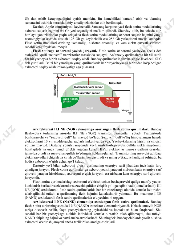 g zamonaviy texnologiyalari bundan bir necha o‘n yil oldin “flesh” xotira to‘g‘risida faqatgina tajribali kompyuter foydalanuvchilari bilishardi. chunki u paytlarda flesh xotira modullari shaxsiy kompyuterlarda, asosan, pci shinali 486 prosessorli kompyuterlarda ilk bora ishlatila boshlangan edi. ammo bugunga kelib bunday xotira modullari nafaqat kompyuter texnikalarida balki mobil aloqa telefonlarida (telefon raqamlarini saqlab qolish, so‘zlashuv vaqtini hisoblash va boshqa funksiyalarni bajarishda), raqamli diktofonlarda (ovozni saqlash va qayta eshitish), mp3-pleyerlarida (musiqiy formatdagi fayllarni saqlash va qayta eshitish), aloqa kommunikasiya raqamli modemlarida, raqamli fotokameralarda (fotosuratlarni saqlab qolish va ko‘rish), video kameralarda (video formatdagi axborotlarni saqlash, ko‘rish va eshitish) axborotni samarali saqlash va uzatishda qo‘llanilmoqda. ularning qo‘llanish sohasi kun sayin yanada kengayib bormoqda. flesh-xotira o‘zi nima? flesh-xotira (inglizcha flash-memory) — bu yarim o‘tkazgichlar (integral mikrosxemalar) asosida yaratilgan, axborotning saqlanishi uchun qo‘shimcha energiya talab qilmaydigan (energiya faqat axborotni yozishda ishlatiladi), ma’lum bir o‘lchamdagi axborotni dasturiy yozish sikli cheklangan, axborotni dasturiy qayta o‘qib olish sikli cheklanmagan, …