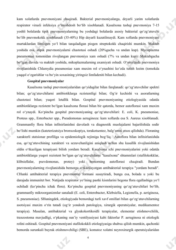 an pnevmoniyalar. 2-atipik o‘pkada diffuz o‘zgarishlar ustunligi bilan va yuqori bo‘lmagan yoki normal tana xarorati bilan kechadigan pnevmoniyalar. tipik pnevmoniyalarning qo‘zg‘atuvchilari bo‘lib ko‘p xollarda viruslar (respirator-sintitsial, paragripp va boshqalar), ichak tayoqchasi va boshqa grammanfiy ichak florasi, stafilakokklar, kam xollarda moraxella catharaelis va bordetelle pertussis lar tashkil qiladi. pnevmokokklar va haemophilus influenzae pnevmoniyani kam xollarda chaqiradi (10% atrofida), chunki bolada onadan o‘tgan antitelolari bor. atipik pnevmoniyalarning asosiy qo‘zg‘atuvchisi-chlamidia trachomatis. chlamidia trachomatis bilan infitsirlanish tug‘ruq davrida sodir bo‘ladi. xlamidiyali infeksiyaning birinchi klinik belgisi chaqaloq xayotining birinchi oyida qonyunktivit bo‘lib xisoblanadi. pnevmoniyaning simptomatikasi esa, 6-8 xaftadan keyin namoyon bo‘ladi. birinchi yarim yillikda pnevmoniya mukovissidoz va birlamchi immuntanqislikning birinchi belgisi bo‘lishi mumkin, bu esa tegishli tekshiruvlarni o‘tkazishni oqlaydi. pnevmoniyalarni ko‘p foizi ovqat luqmasining odatiy aspiratsiyasi (oshqozon-qizilo‘ngach refleks, disfagiya) bilan bog‘liq. bularning etiologiyasida ichak bakterialari va spora xosil qilmaydigan anaeroblar asosiy rol o‘ynaydilar. kasalxona tashqi pnevmoniyasi 6 oy-6 yoshli bolalarda. bu yoshdagi bolalarda pnevmoniyani viruslar …