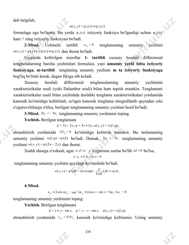 uli (yoki dalamber usuli) bilan ham topish mumkin. tenglamani xarakteristikalar usuli bilan yechishda daslabki tenglama xarakteristikalari yordamida kanonik ko'rinishga keltiriladi, so'ngra kanonik tenglama integrallanib qaytadan eski o'zgaruvchilarga o'tilsa, berilgan tenglamaning umumiy yechimi hosil bo'ladi. 3-misol. tenglamaning umumiy yechimini toping. yechish. berilgan tenglamani almashtirish yordamida ko'rinishga keltirish mumkin. bu tenlamaning umumiy yechimi bo'ladi. demak, tenglamaning umumiy yechimi dan iborat. xuddi shunga o'xshash, agar o'zgarmas sonlar bo'lib bo'lsa, macrobutton grindeq.reference.updategrindeqfields (2) tenglamaning umumiy yechimi quyidagi ko'rinishda bo'ladi. macrobutton grindeq.reference.updategrindeqfields (3) 4-misol. tenglamaning umumiy yechimini toping. yechish. berilgan tenglamani almashtirish yordamida kanonik ko'rinishga keltiramiz. uning umumiy yechimini topish uchun belgilash kiritamiz. u holda tenglama hosil bo'ladi. oxirgi tenglikni integrallab, funksiyani topamiz bu yerda ixtiyoriy funksiya. bundan va belgilashga ko'ra ga ega bo'lamiz. bu ifodani integrallab, ni hosil qilamiz, bu yerda - ixtiyoriy ikki marta uzluksiz differensiallanuvchi funksiyalar. demak, boshlang'ich tenglamaning umumiy yechimi funksiyadan iborat. 6-misol. tenglamaning umumiy yechimini toping. yechish. berilgan tenglamani bo'yicha …