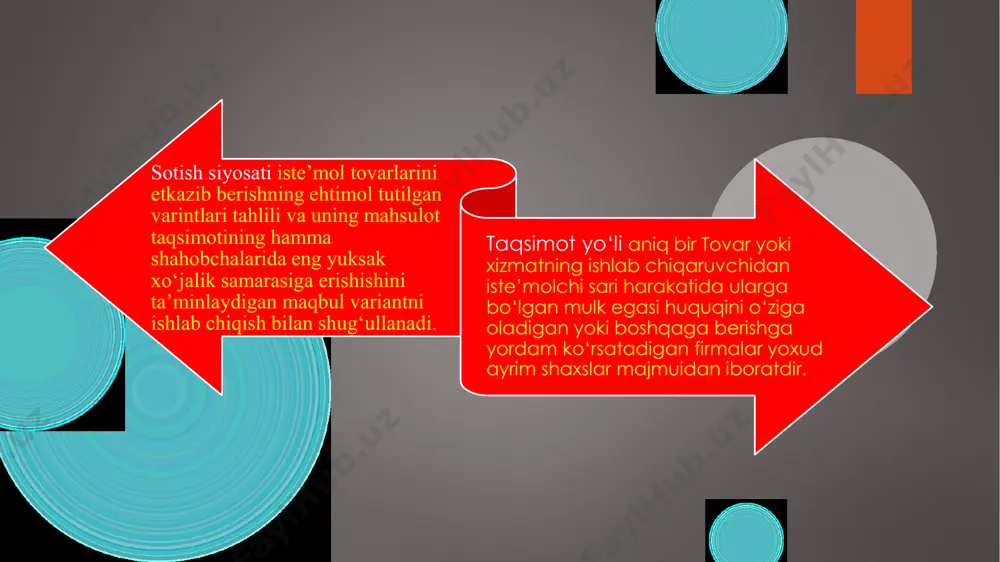 a o’z nomiga qimmatbaho qog’ozlarni sotib olib,keyin uni sotadi.bunda sotishdan kelgan tushum bilan olishga sarflangan xarajat o’rtasidagi farq uning foydasi bo’ladi. tovar harakatini rejalashtirishda, korxona tanlagan tovar sotish uslublariga asoslaniladi tovar ishlab chiqaruvchi vositachilarsiz, to‘g‘ridan - to‘g‘ri o‘zining iste’molchisi bilan bog‘lanishi; tovarlarni mustaqil vositachi (firmalar) orqali sotish; aralash usul, ishlab chiqaruvchi firma va vositachi savdo tashkiloti sarmoyalari qatnashishi orqali 2. mijozga xizmat ko‘rsatish darajasi 1. do‘konning jixozlari chakana savdo firmalarining turlari 4 ta mezon bilan farq qiladi: 3. tovar assortimenti 4. savdoda xizmat ko‘rsatish xarakteriga ko‘ra farqlanadi. internet elektron pochta francha yzing to’g’ri marketin g juda ko‘p firmalar internetda mahsulotlarini taklif qiladilar.iste’molchilar o‘zlariga kerakli mahsulotni o‘zlarining kompyuteri orqalibuyurtma berib sotib olishlari mumkin. internet orqali savdoning ustunliktomonlari bu birinchidan, vaqt tejaladi, ikkinchidan vositachilarsiz to‘g‘ridanto‘g‘ri ilg‘ab chiqaruvchidan olish imkoniyati paydo bo‘ladi. to‘g‘ri marketing – bu xaridor bilan turli vositalar bilan to‘g‘ridan-to‘g‘rimuloqot bo‘lib, xaridorni mahsulotni sotib olishga ishontirishdan iboratdir. bunda franchayzing firmasi franchayzyer …