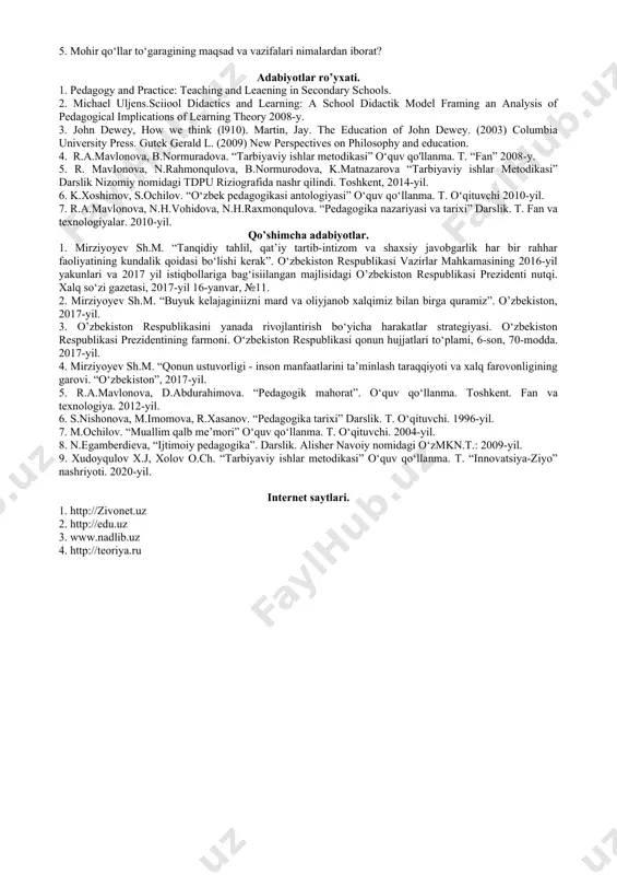 i, sayr, sinf maktab muzeylari, bolalar ishlarining ko‘rgazmalari v hokazolar. to‘garak ishlari: maktabdagi har bir to‘garak o‘zining doimiy ish kunlari va soatlariga ega bo‘lishi lozim. to‘garakda qat'iy intizom bo‘lishi: to‘garak a'zolari mashg‘ulotlariga kechikmasdan kelishlari, to‘garak topshiriqlarini batrtib bajarishlari, to‘garakning moddiy boyliklarini ehtiyot qilishlari kerak. sinfdan tashqari individual ish: har bir o‘quvchi o‘z mayl va qobiliyatlarining rivojlanishiga yordam beradi. bu ishda sinfdan tashqari o‘qish katta ahamiyatga ega. maktabda har bir sinf uchun sinfdan tashqari o‘qish dasturi bor. o‘quvchining nima o‘qiyotgani va o‘qigan nrsalarini qandy idrok qilayotganini o‘qituvchi bilishi juda muhim. shuning uchun o‘qituvchining sinfdan tashqari o‘qishga rahbarligi eng yaxshi kitoblarni targ‘ib qilish va o‘quvchilarda o‘qilgan darsliklarni to‘g‘ri, chuqur idrok etishni rivojlantirishdan iborat. individual topshiriqlarning turlari juda ko‘p bo‘lib, o‘simliklar o‘stirish, gullar, sabzvotlar yetishtirish ham ana shunday topshiriqlar jumlasiga kiradi. individual topshiriqlarda har bir o‘quvchining imkoniyat va qiziqishlari hisobga olinsa, ular bolalarning qobiliyatlari, iste'dodlarini o‘stirishga yordam beradi. o‘qituvchi ta'lim jarayonida bolalarning madaniy …