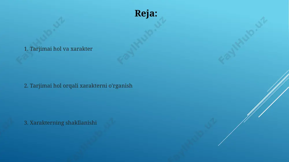 gini ta’kidlashgan. xarakterning atrof-muhitga ta’siri insonning 20-30 yosh oralig’ida shakllanuvchi 5ta asosiy xususiyatlaridan biri bo’lib, masalan, toshkent shahrida yashovchi shaxslarning ijtimoiy faolligi yuqori bo’lishi kuzatiladi. ijobiy va salbiy fazilatlar tarixchi olimlar 3 ta manbadan olingan ma'lumotlarga asoslanib, mashhur tarixchi shaxsining mukammal tahlil qilish qobiliyatini va o'ziga xos tanqidiy fikrlash tarzini ta'kidlashadi, lekin shu bilan birga uncha moslashuvchan bo'lmaganligi ham qayd etiladi. ijodkorning 20 yillik faoliyati davomida 5 ta yirik adabiy mukofotlarni qo'lga kiritishini uning yuksak iste'dod va qat'iyatlilik kabi ijobiy fazilatlarining dalili sifatida qarash mumkin. xulosa va xulosalar "xulosa va xulosalar" mavzusida 2022 yilda samarqand davlat universitetida o'tkazilgan 2 ta konferentsiyada 70 dan ortiq ishtirokchi qatnashgan. ba'zi tadqiqotchilar fikricha, "xulosa" atamasi 50 dan ortiq ilmiy maqolada 2023 yil holatiga ko'ra 10 martadan kamroq uchraydi. e'tiboringiz uchun rahmat @taqdimot_robot image1.jpg image2.jpg image3.jpg image4.jpg image5.jpg image6.jpg image7.jpg