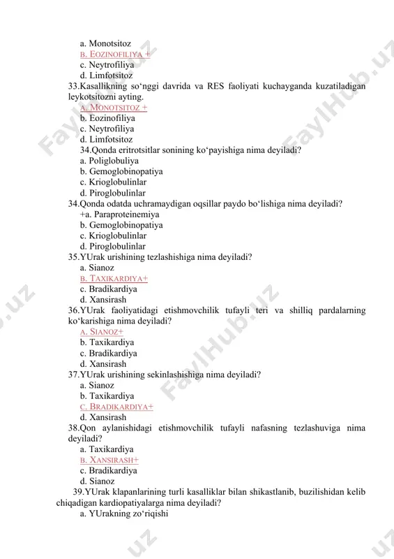 simining ko‘tarilishiga nima deyiladi? a. gipertoniya + b. gipotoniya c. kollaps d. shok 50.tomirlarda qon bosimining pasayishiga nima deyiladi? a. gipotoniya + b. gipertoniya c. kollaps d. shok 51.hayot uchun eng zarur jarayonlar boshqarilishini izdan chiqaradigan haddan tashqari kuchli ta’sirotlarga javoban organizmda yuzaga keladigan og‘ir reaksiyaga nima deyiladi? a. gipotoniya b. gipertoniya c. kollaps d. shok+ 52.gipotoniya va gipovolemiya bilan ifodalanadigan tomirlar sistemasidagi o‘tkir etishmovchilikka nima nima deyiladi? a. gipotoniya b. gipertoniya c. kollaps+ d. shok 53. davriy nafas olish hodisalarini ayting. a. cheyn-stokscha, biotcha, kussmaulcha + b. kussmaulcha c. cheyn-stokscha d. biotcha-kussmaulcha 54.nafas qisishi yoki xansirashga nima deyiladi? a. apnoe b. dispnoe c. taxipnoe d. asfiksiya+ 55.nafasning tezlashishi va yuzaki bo‘lishiga nima deyiladi? a. apnoe b. dispnoe c. taxipnoe+ d. asfiksiya 56.nafasning sekinlashishi va chuqur bo‘lishiga nima deyiladi? a. apnoe b. dispnoe+ c. taxipnoe d. bradipnoe 57.nafas olishning butunlay to‘xtashiga nima deyiladi? a. apnoe+ b. dispnoe c. taxipnoe d. …