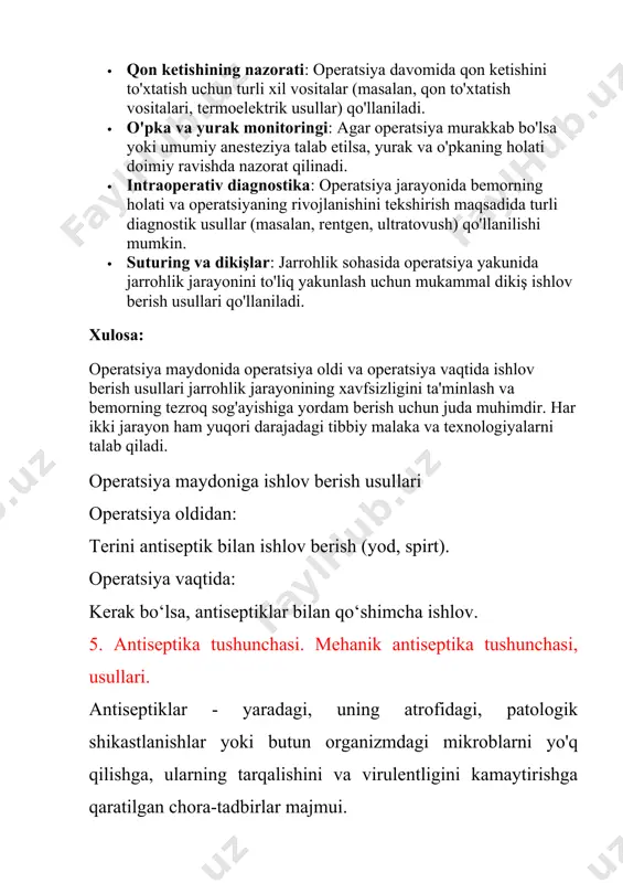 tla rd a infeksiyaning rivojlanishini to'jctatuvchi antiseptik xususiyatlari bo'lgan davolash vositalari (maxsus vaksina va immun zardoblar, anatoksinlar, immunoglobulinlar, qon va plazm a quyish va b.) faoliyatidan paydo bo'lgan m oddalar orqali boshqalarga ta ’sir qilish (antibiotiklar, bakteriofaglar va proteolitik fermentlar) dan iborat. 9. antiseptika tushunchasi. aralash antiseptika tushunchasi, usullari. aralash antiseptika – bu turli xil antiseptik moddalar yoki usullarni birlashtirish orqali mikroorganizmlarni yo'q qilish yoki ularning ko'payishini oldini olishga qaratilgan usuldir. bu yondashuv, odatda, bir nechta antiseptik moddalarning birgalikda qo'llanilishi yoki bir nechta jarayonlarning kombinatsiyasi yordamida amalga oshiriladi. aralash antiseptika o'ziga xos ravishda yuqori samaradorlikka ega bo'lishi mumkin, chunki u har xil mikroorganizmlarga qarshi turli mexanizmlar orqali ta'sir ko'rsatadi. bunday usullar, masalan, jarrohlik amaliyotlari, yara davolash, infektsiyalangan joylarga qarshi kurashish kabi sohalarda qo'llaniladi. aralash antiseptika foydalari: · mikroorganizmlarga qarshi kengroq ta'sir: aralash antiseptika usullari bir nechta mikroorganizmlar turiga qarshi samarali ta'sir ko'rsatishi mumkin. · infektsiyani kamaytirish: aralash usullar infektsiyaning oldini …