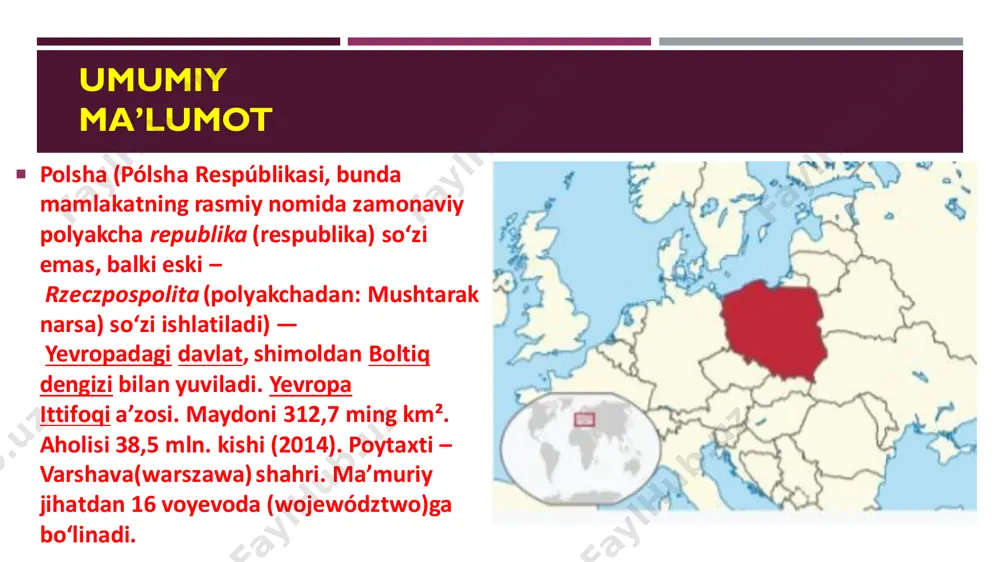 i tashkil etadi. toshkoʻmir yuqori sileziya, shuningdek, valbshix va lyublin havzalarida, qoʻngʻir koʻmir bogatinda qazib chiqariladi. elektr styalari, asosan, kumir konlari atrofida qurilgan. issiklik elektr styalarida yiliga oʻrtacha 135,3 mlrd. kvtsoat elektr energiya hosil qilinadi. mis, qoʻrgʻoshin- rux rudalari, ozroq miqdorda neft ham qazib olinadi mamlakat ehtiyojlari uchun zarur neftning 90% dan koʻprogʻi chet ellardan sotib olinadi. neftni qayta ishlash sanoatining asosiy markazlari – plotsk va gdansk. chetdan keltiriladigan temir ruda va mahalliy koks asosida ishlovchi metallurgiya zavodlari (shu jumladan, krakovdagi metallurgiya kombinati va mashhur "katovitse" kombinati) yuqori sileziya aglomeratsiyasida joylashgan. rangli metallurgiya sanoati tarkibida mis (gloguv, legnitsa), qoʻrgʻoshin, rux (katovitse, bukovno, myastechko-slyonske) va alyuminiy (konin) zavodlari bor. sanoatning asosiy tarmoqlari boʻlmish mashinasozlik va metall ishlash sanoati xilma-xil mah-sulot ishlab chiqaradi. https://uz.m.wikipedia.org/w/index.php?title=plotsk&action=edit&redlink=1 https://uz.m.wikipedia.org/wiki/gdansk https://uz.m.wikipedia.org/w/index.php?title=gloguv&action=edit&redlink=1 https://uz.m.wikipedia.org/w/index.php?title=legnitsa&action=edit&redlink=1 https://uz.m.wikipedia.org/wiki/katovitse https://uz.m.wikipedia.org/w/index.php?title=bukovno&action=edit&redlink=1 https://uz.m.wikipedia.org/w/index.php?title=myastechko-slyonske&action=edit&redlink=1 https://uz.m.wikipedia.org/w/index.php?title=konin&action=edit&redlink=1 tashqi iqtisodiy aloqalari. polsha chet ellarga mashinalar, sanoat asbobuskunalari, kemalar, kimyo sanoati mahsulotlari, keng isteʼmol mollari, kumir, koks, mis, rux, kora …