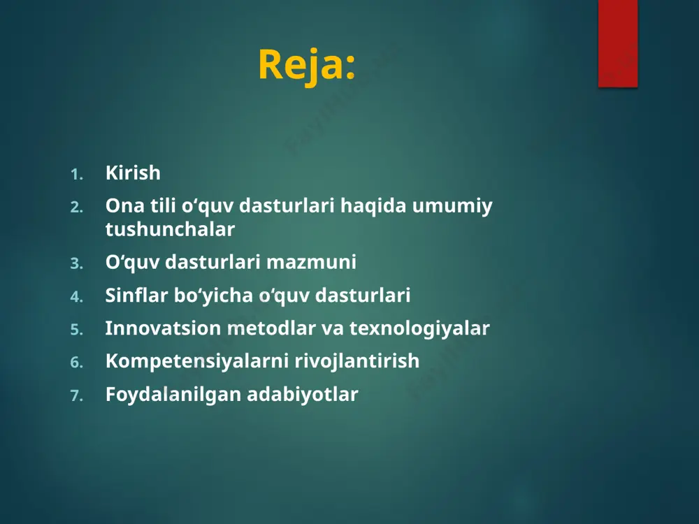 shakllantirish muhimdir. bu, o‘z navbatida, o‘quvchilarning ona tiliga bo‘lgan hurmatini oshiradi va ularni jamiyatning faol aʼzolari sifatida tarbiyalaydi. o‘quv dasturlari mazmuni grammatik bilimlar: o‘quvchilar grammatik qoidalarni o‘rganadi, ular so‘z turkumlari, gap tuzilishi va nutqning boshqa tarkibiy qismlarini to‘g‘ri tushunishga yordam beradi. morfologiya va sintaksis bo‘yicha bilimlarni o‘zlashtirish ta’limning muhim jihatlaridan biri hisoblanadi. leksikologik tushunchalar: so‘z boyligini oshirish va o‘quvchilarda lug‘at zaxirasini shakllantirish. sinonimlar, antonimlar va ko‘chma ma’noli iboralarni o‘rgatish orqali tilning boyligini anglashga yordam beriladi. fonetik va orfoepik qoidalar: to‘g‘ri talaffuz va yozuv qoidalarini shakllantirish. o‘quvchilarda nutq madaniyatini rivojlantirish uchun fonetik tahlil ko‘nikmalarini rivojlantirish. sinflar bo‘yicha o‘quv dasturlari boshlang‘ich sinflar uchun: dasturlar o‘quvchilarda yozma va og‘zaki nutq asoslarini shakllantirishga qaratilgan. harflar, bo‘g‘inlar, so‘zlar va gaplarni to‘g‘ri talaffuz qilish va yozishni o‘rgatish maqsad qilib olinadi. o‘rta va yuqori sinflar uchun: tilning nazariy va amaliy jihatlari chuqurroq o‘rganiladi. insholar yozish, matn tahlili va mustaqil fikrlash ko‘nikmalari rivojlantiriladi. innovatsion metodlar va texnologiyalar zamonaviy …