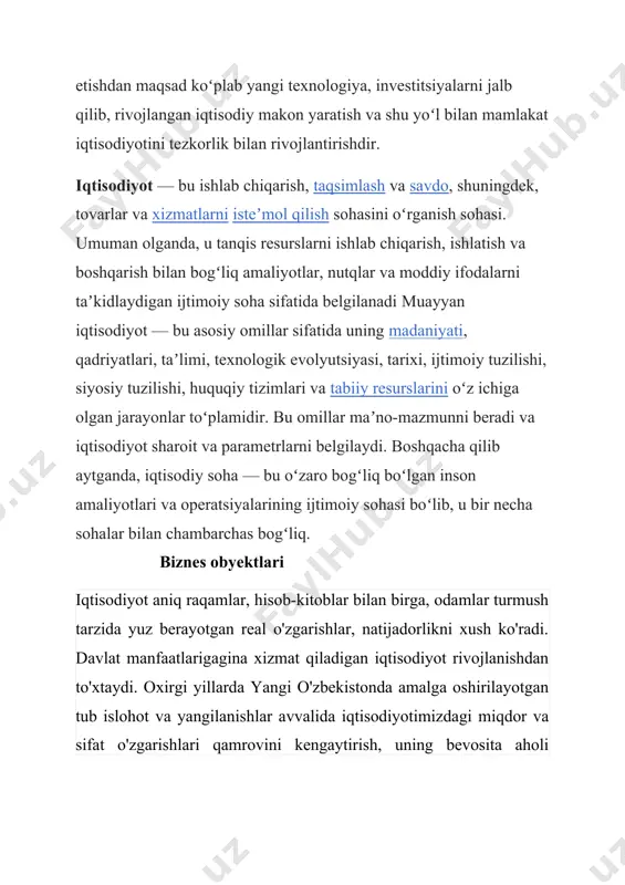-yilda 6,2 marta, 2020-yilda esa 6,9 marta yuqori bo'lganligini kuzatish mumkin. ya'ni, aynan kichik biznes korxonalari iqtisodiyotimizni modernizatsiyalashda o'z faolligini namoyon etmoqda. eng muhimi, kichik tadbirkorlik subyektlari qandaydir ko'rsatma yoki undovlar ostida emas, balki iqtisodiyotdagi kon'yunkturani hisobga olgan holda erkin va mustaqil tashkil etilyapti. aynan shu holat iqtisodiyot tarmoqlarining umumiy ko'lamiga o'ziga xos tuzatishlar kiritadi. jumladan, 2017—2020-yillar davomida yangidan tashkil etilgan kichik biznes korxonalarining eng katta salmog'i savdo (jami korxonalarning 32 foizi), sanoat (21 foizi), qishloq, o'rmon va baliqchilik xo'jaligi (12 foizi), qurilish (10 foizi), yashash va ovqatlanish (7 foizi) tarmoqlariga to'g'ri keladi. bu esa mamlakatimiz yetakchi tarmoq va sohalari o'rtasidagi maqbul nisbatning shakllanishiga xizmat qiladi. yana bir jihati, kichik tadbirkorlik iqtisodiyotda raqobat muhitini shakllantirish, uning moslashuvchanligini ta'minlashning muhim omili hamdir. iqtisodiyotdagi raqobat muhiti bu — turli mahsulot va xizmatlar ishlab chiqaruvchilari va iste'molchilari o'rtasida qulay sharoitga erishish hamda erishishi ko'zda tutilayotgan foyda yoki iqtisodiy nafni maksimallashtirish maqsadidagi iqtisodiy bellashuv …