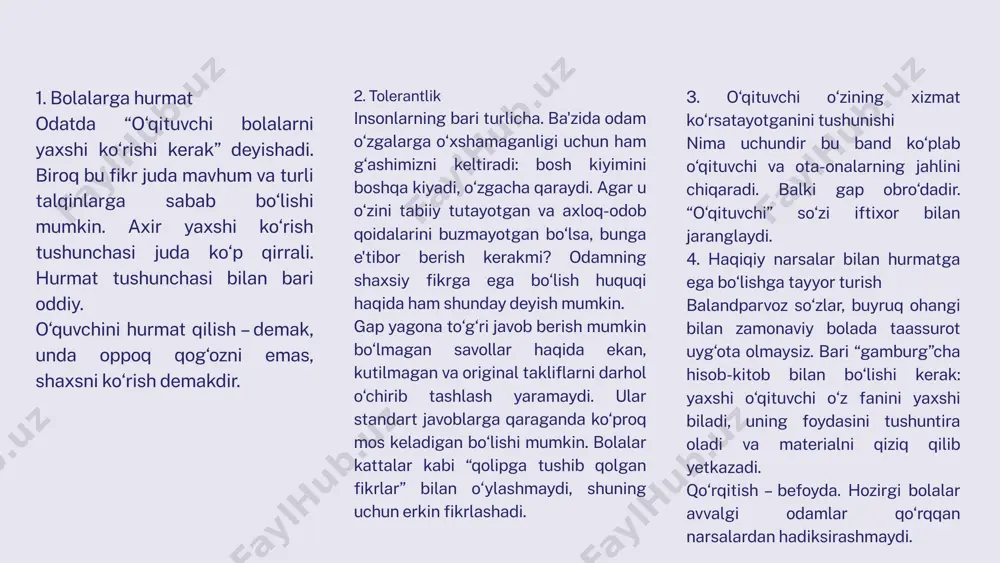 . professiogramma" tushunchasining ma'nosini tushunishga asoslanib, shaxsni o'rganishning professiografik usuli haqida ham gapirish mumkin, bunda o'qituvchining bilim, ko'nikma va qobiliyatlari ideal modelga muvofiq ega bo'lishi mumkin bo'lgan narsalar bilan taqqoslanadi. . ushbu usul o'qituvchining shaxsiy va kasbiy o'sishini loyihalash imkonini beradi, deb tasavvur qilish qiyin emas. bo‘lajak pedagog shaxsiga bir qator jiddiy talablar qo‘yilar ekan, ular ichidan asosiy, ya’ni uni qanoatlantirmasdan turib, yuqori malakali o‘qituvchi yoki tarbiyachi bo‘lib etishish mumkin bo‘lmagan va ikkinchi darajali, ya’ni pedagog uchun zarur bo‘lmagan, ammo uni shaxs sifatida shakllanishiga va shaxsga ta’lim-tarbiya berishiga yordam beruvchi talabni ajratish mumkin. bosh, asosiy talablar singari, ikkinchi darajali talablar ham pedagogning faoliyati psixologiyasiga va muloqotiga, shuningdek, uning qobiliyati, bilimi, malaka va ko‘nikmasi, mahorati, bolalarni tarbiyalash va ta’lim berish uchun zarur bo‘lgan sifatlarga bog‘liqdir. asosiylari orasida ham, qo‘shimcha psixologik xossalar ichida ham o‘zgarmas, ya’ni har bir davrda, vaqt va xalqlarda doimo o‘qituvchi va tarbiyachilar uchun, malakali pedagoglar uchun zarur bo‘lgan …
