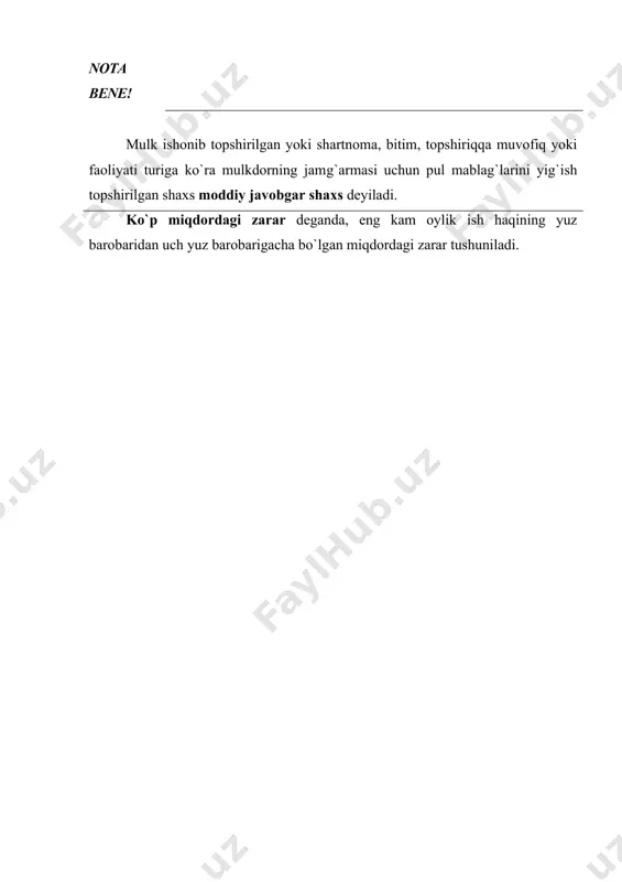nadi. jinoiy yo`l bilan topilgan mulkni olish yoki o`tkazish jinoyatining subyekti 16 yoshga to`lgan, har qanday aqli raso jismoniy shaxs bo`lishi mumkin. mansabdor shaxs o`z xizmat mavqeidan foydalangan holda jinoiy yo`l bilan topilgan mulkni olsa yoki o`tkazsa, uning qilmishi jinoyatlar jami bo`yicha o`zr jk 171- va jinoyat kodeksida hokimiyat yoki mansab vakolatini suiiste`mol qilganlik uchun javobgarlik belgilangan 205-modda bilan kvalifikatsiya qilinadi. o`zr jk 171-moddasi 2-qismida quyidagi: a) takroran yoki jinoyatni xavfli retsidivist tomonidan; b) ko`p miqdorda sodir etilgan jinoyat yo`l bilan topilgan mulkni olish yoki o`tkazish jazoni og`irlashtiruvchi holatlar uchun jazo belgilangan. o`zr jk 171-moddasi 3-qismida: a) juda ko`p miqdorda; b) o`ta xavfli retsidivist tomonidan; v) uyushgan guruh tomonidan yoki uning manfaatlarini ko`zlab sodir etilgan qilmishlar uchun yanada og`irroq jazo nazarda tutilgan. mazkur holatlarni biz yuqorida ko`rib chiqqanligimiz sababli ularga to`xtalmaymiz. mulkni qo`riqlashga vijdonsiz munosabatda bo`lish (o`zr jk 172-moddasi) mazku jinoyatning obyekti mansabdor bo`lmagan shaxsga ishonib topshirilgan yoki uning muhofazasida …