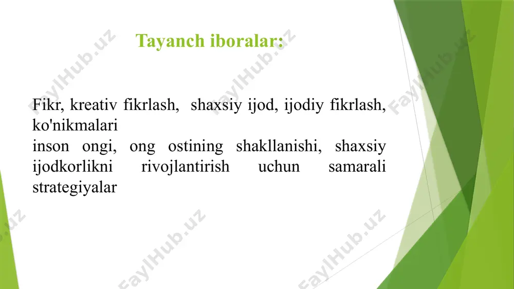 s quyidagilarni bajarishga qodir bo’igan kishidir: - fikrlar orasidagi mantiqiy aloqalarni tushunish: - fikrlarni qisqacha va aniq shakllantirish; - argumentlari aniqlash, tahlil qilish va baholash: - qarorning ijobiy va salbiy tomonlarini baholash; - gipotezaga qarshi dalillarni baholash; ⁃ fikrlashda nomuvofiqliklar va keng tarqalgan xatolarni aniglansh: ⁃ muammolarni muntazam ravishda tahlil qilish; - goyalarning dolzarbligi va ahamiyatini aniqlash; ⁃ o’zining etiqodi va qadriyatlarini isbotlash; "kreativ fikrlash" fani ijodiy fikrlash va uning vositalari, shuningdek ulardan ganday foydalanish kerakligi tushuntiriladi. fan mazmunini anglab etish talabalarning shaxsiy fikrlash qobiliyatini oshirish, ijodiy va tanqidiy fikrlash qobilyatlarini baholash va fikrlash jarayonlarini o'rganish usullari kabi jihatlar uchun muhimdir. fanning asosiy jihati jodiy fikrlashning nazariy va amaliy tomonlarini o rganish talabalarda ijodiy fikrlashni nima va qanday rag batlantirishini tadgiq qilishdir. ushbu fanning maqsadi quyidagilardan iborat: ijodiy fikrlashning asosiy nazariyalari va modellarini tushuntirish; tafakkur uchun odatiy to'siqlarni (ichki va tashqi). xususan ijodiy fikrlashni aniqlash; shaxslarda jodiy va tangidiy fikrlashni …