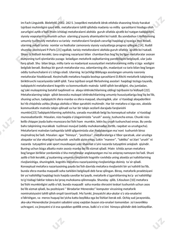 ora bo‘yicha ko‘plab tadqiqotlarda o‘z ifodasini topgan. xususan, v.budayev, a.p.chudinov kabilarning ilmiy nashrlarida konseptual metaforaga sharhlar berilgan. hozirgi bosqichda oilaviy o‘xshashlik tamoyili asosida birlashtirilgan metaforani o‘rganishga kognitiv yondashuvning murakkab ilmiy prototipini tashkil etuvchi birbiriga ta`sir qiluvchi, to‘ldiruvchi va bir-birini inkor etuvchi bir nechta yo‘nalishlarni farqlash mumkin. zamonaviy metaforologik nazariyalar: j.lakoff va m.johnson konseptual metaforaning klassik nazariyasi, m.turner va j.fokonie [29,30], j.grady[12,13] asosiy metafora nazariyasi, b.shpelmanaidr [26] metaforaning izchil modeli, l.ritchi [22,23] metafora talqinining bog‘lovchi nazariyasi, a.n.baranov va yu.x.kapaylov [1,2], a.p.chudinov [6,7] metaforik modellashtirish nazariyasi va boshqalar. ushbu yo‘nalishlarning har biri o‘z tarafdorlariga ega, ularning aksariyati o‘zlarining asl g‘oyalarini boyitadi. yondashuvlarning xilma-xilligiga qaramay, tadqiqotchilar hali ham kontseptual metafora nazariyasining individual qoidalarini o‘zgartirib, to‘ldirishda davom etmoqdalar. shunday qilib, a.musolf o‘zining bir qator ishlarida manba sferasining tuzilishi maqsadli soha subektlarini tushunishni qat`iy belgilaydigan metafora haqidagi o‘sha nuqtayi nazarni qayta ko‘rib chiqish zarurligini ta`kidlaydi. [musolff a. metaphor scenarios in public discourse // metaphor and …