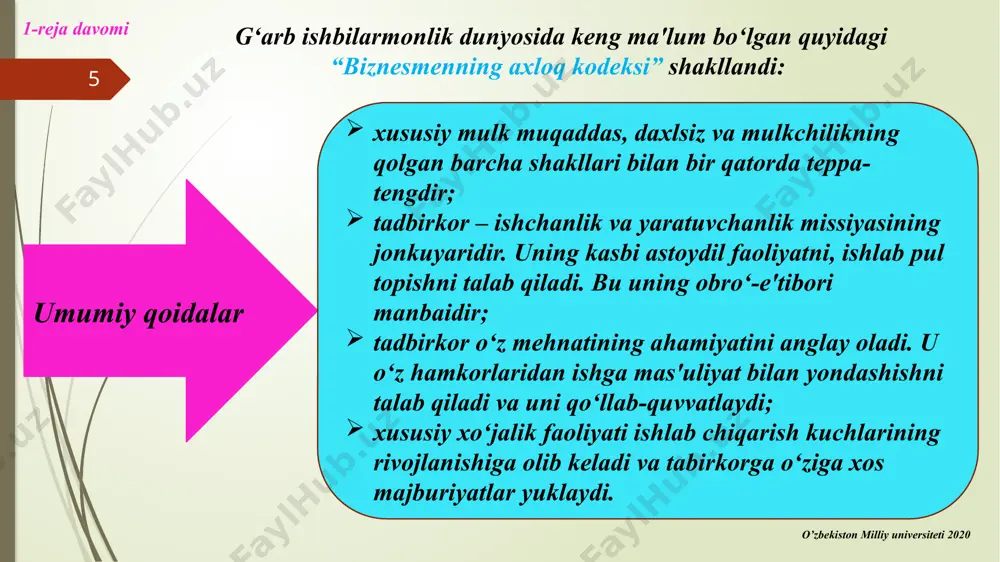 ndan jo‘nating; majlisga fikrlari o‘ta muhim bo‘lgan kishilarni taklif qiling; majlisni zarurat tug‘ilgan hollardagina chaqiring. kengash vaqtida: kengashni belgilangan vaqtda boshlang; kengashni o‘tkazishning yagona tartibini belgilang; ortqicha xuruj, shaxsiy qarshi chiqish holariga yo‘l qo‘ymang; kengash maqsadini har bir qatnashuvchi e'tiboriga yetkazing. o’zbekiston milliy universiteti 2020 14 . 2-reja davomi kengash unsurlari: kun tartibini muhokama qilish; kengashni o‘tkazish tartibini muhokama qilish; muammolarni aniqlash; muammolar tahlilini qilish; muqobil variantlarni izlash; muoqbil variantlarni baholash; qaror qabul qilish. o’zbekiston milliy universiteti 2020 15 kengashdan so‘ng: 2-reja davomi kengash qarorini tayyorlash; ko‘rsatuvlarni tayyorlash;. axborotlarni jo‘natish. o’zbekiston milliy universiteti 2020 16 3-reja. tadbirkor rahbar faoliyatining ruhiy xususiyatlari tadbirkorning tashkilotchilik qobiliyati hamma narsada muvaffaqiyatga erishuvining muhim shartidir. qanday tadbirkor rahbar muvaffaqiyatiga tez erishadi? ruhshunos olimlar uning bir necha omillarga bog‘liqligini ta'kidlaganlar. tadbirkor rahbarda tashkilotchilik qobiliyatining namoyon bo‘lishi: tadbirkor rahbarda tashkilotchilik qobiliyatining namoyon bo‘lishi: - jamoada sof ahloqiy muhit paydo qila olishi, hammaning hamkorlikda harakat qilishini ta'minlay olishi; …