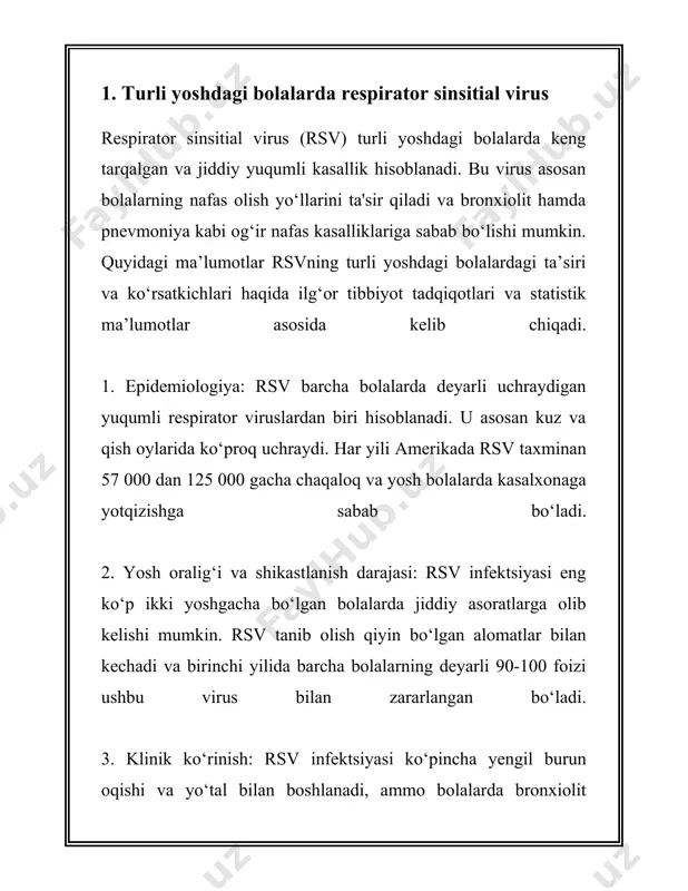 arqalgan, biroq katta yoshdagilar ham unga chalinishi mumkin. ushbu virus shifokorlar tomonidan bolalarda bronxiolit va pnevmoniyani keltirib chiqaruvchi eng muhim sabab sifatida e'tirof etiladi. infeksiyaning belgilari va alomatlari quyidagicha: 1. **burun oqishi va tıg‘ilishi**: rsv infeksiyasi, boshqa nafas olish yo‘llari infeksiyalari kabi, ko‘pincha burun oqishi va burun tıg‘ilishi bilan boshlanadi. bu alomatlar boshqa umumiy shamollash belgilariga o‘xshaganligi sababli, dastlab infeksiya rsv ekanligiga shubhalanish qiyin bo‘lishi mumkin. 2. **yo‘taldan aziyat chekishi**: ko‘p hollarda, bemorlar yo‘taldan azob chekadi. yo‘tal quruq yoki nam bo‘lishi mumkin va u uzoq davom etishi ortiqcha charchashga olib kelishi mumkin. 3. **tana haroratining ko‘tarilishi**: rsv infeksiyasiga chalingan odamlar ko‘pincha subfebril holatda bo‘ladi, ya'ni tana harorati 37-38°c orasida bo‘ladi. ba'zida, ayniqsa yosh bolalarda, isitma 38°c dan ortishi mumkin. 4. **nafas olish qiyinchiliklari**: rsv infeksiyalari nafas yo‘llarining torayishi va shishishi natijasida nafas olishni qiyinlashtiradi. bu bronxiolit bilan bog‘liq bo‘lib, ayniqsa kichik bolalarda sezilarli bo‘ladi. ular nafas olish paytida hirillash yoki …