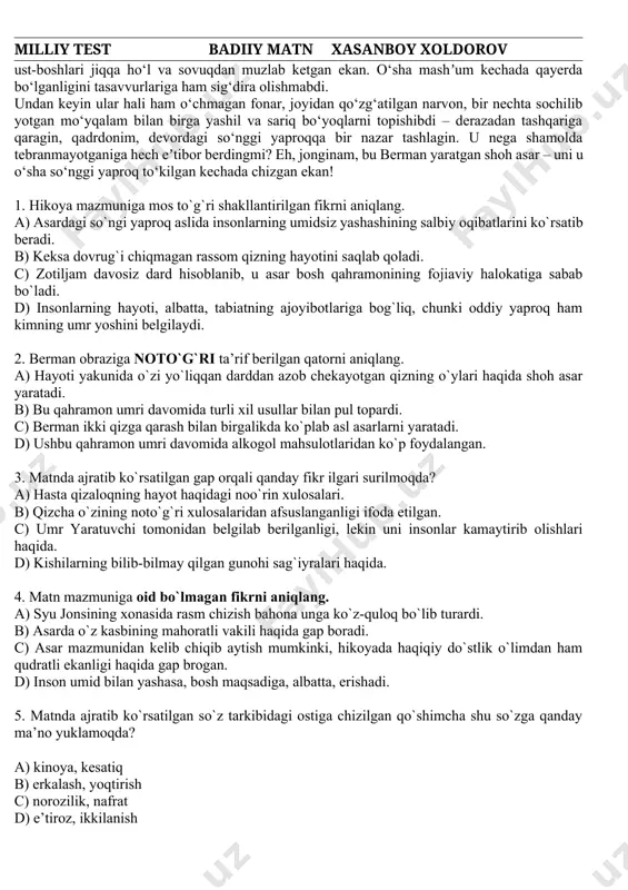 os bo‘lib, o‘sha hayotdan to‘ygan bechora yaproqlar misoli havoda uchgancha g‘oyib bo‘lishni xohlayman. – uxlashga harakat qil, – dedi syu. – bermanni chaqirib chiqishim kerak. unga qarab umrini yolg‘izlikda o‘tkazuvchi konchi suratini chizmoqchiman. bir daqiqa o‘tmay qaytaman. kelgunumcha joyingda qimirlamay yotgin. qariya berman pastki qavatda yashaydigan bir rassom edi. u oltmishdan oshgan, mikelandjelo yasagan muso haykaliniki kabi jingalak soqoli ixchamgina jussasiga yarashib turardi. bermanning sanʼat sohasida omadi chopmadi. u qirq yil mo‘yqalam surgan, ammo hali-hanuz unga ilhom parisining etagidan tutib qolish nasib etmagandi. har safar bu musavvir shoh asar yaratmoq uchun shaylanadi, lekin hozirgacha bu ishni boshlay olmagan ham edi. mana, bir necha yildirki, baʼzan eʼlonlar uchun tirikchilik yo‘lidagi o‘lda-jo‘lda ishlangan rasmlarini aytmasak, arzirli bir ish qilmagan ham edi. u professionalga qurbi yetmagan mahalliy yosh rassomlar uchun tirik manekenlik qilib kun ko‘rardi. ichkilikka mukkasidan ketgan, shunga qaramasdan hali ham yaratajak shoh asari haqida gapirishdan tinmasdi. umuman olganda esa, ko‘ngli bo‘sh …