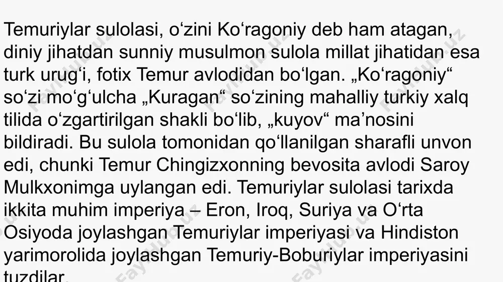 iy, zafarnoma, t., 1996; 4. sharafuddin ali yazdiy, zafarnoma, t., 1996; 5. 5. ahmedov b., ulugʻbek, t., 1989; fayziyev t., 14 etiboringiz uchun rahmat! 15 image1.jpeg image2.jpeg image3.jpeg image4.jpeg image5.jpeg image6.png image7.jpeg