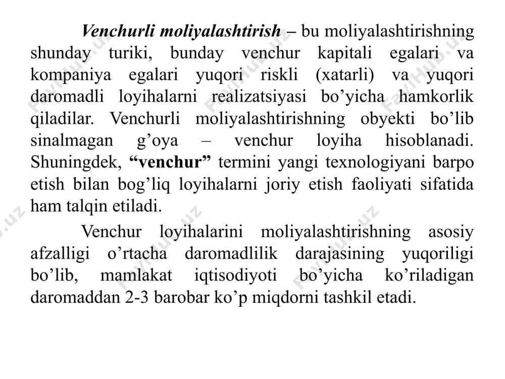 soliq imtiyozlariga ega boʻladi. image1.emf ______microsoft_office_powerpoint1.sldx 18-mavzu. innovatsion loyihalarni venchurli moliyalashtirish /docprops/thumbnail.jpeg 16-mavzu. investitsiyalarni loyihaviy moliyalashtirish 18-mavzu. innovatsion loyihalarni venchurli moliyalashtirish /docprops/thumbnail.jpeg